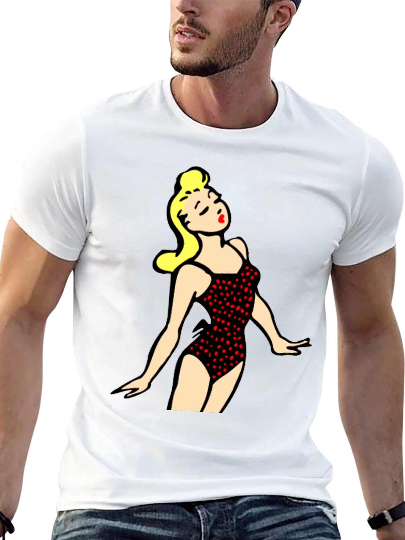 Retro Swimsuit Girl Graphic Tee - Black Cotton T-Shirt
