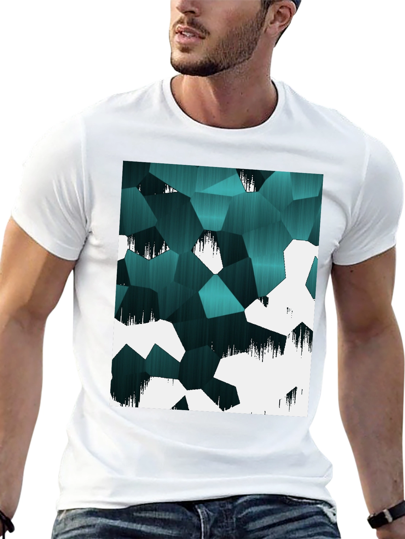 Abstract Geometric Teal & White Graphic T-Shirt