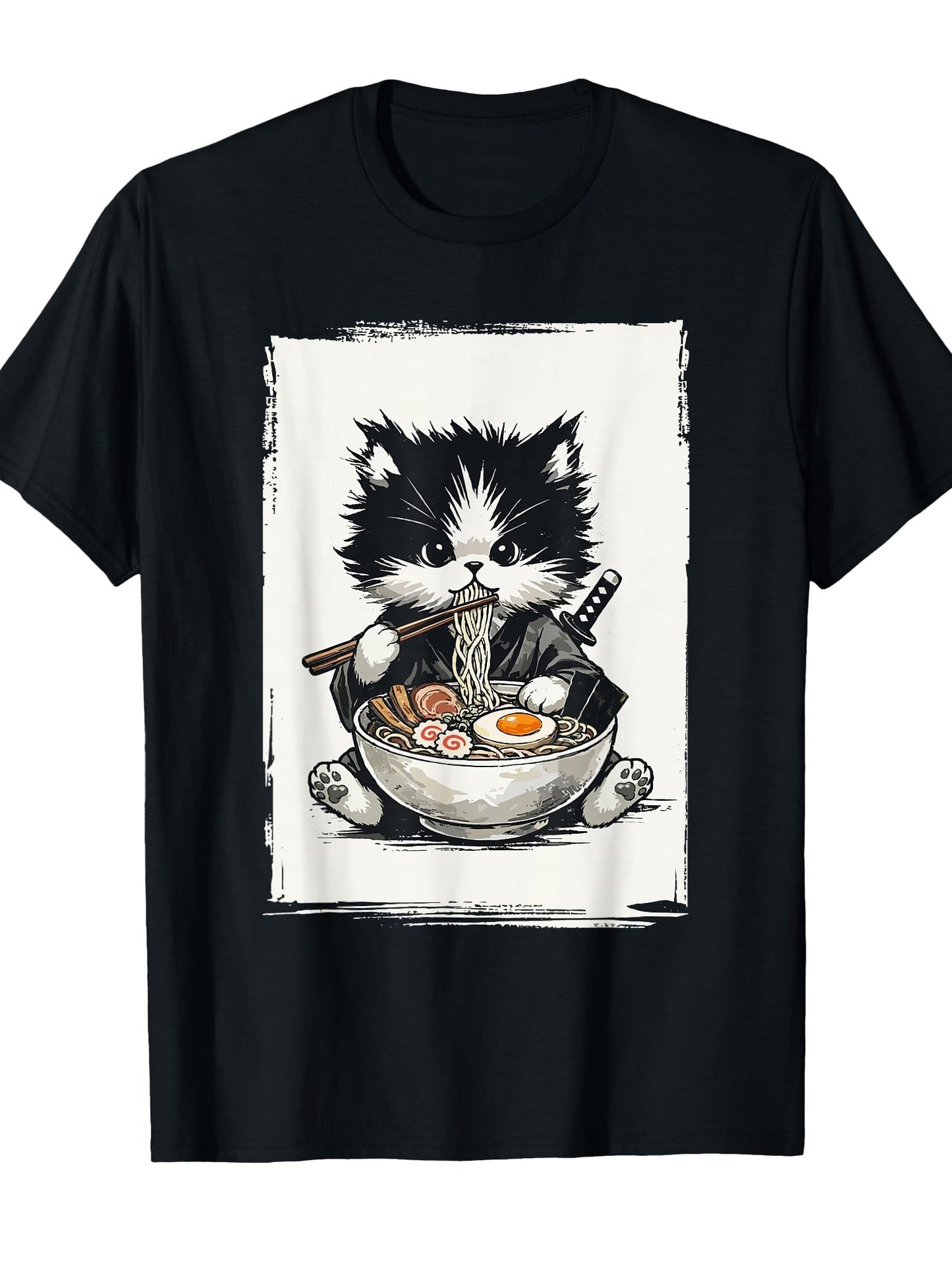 Samurai Cat Japanese Art Ramen Novelty Kawaii Funny Cat T-Shirt
