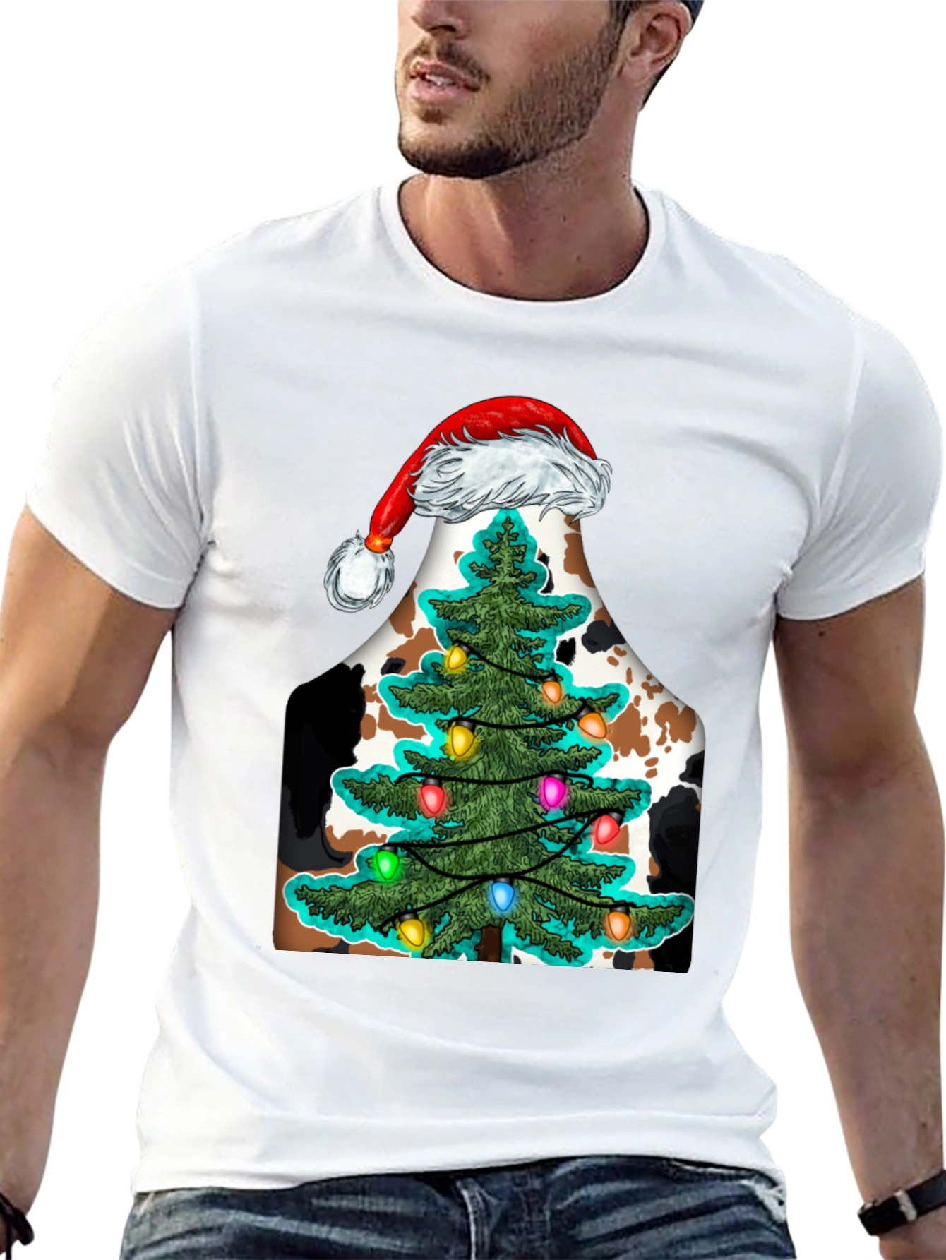 Christmas Cow Tee with Santa Hat & Tree