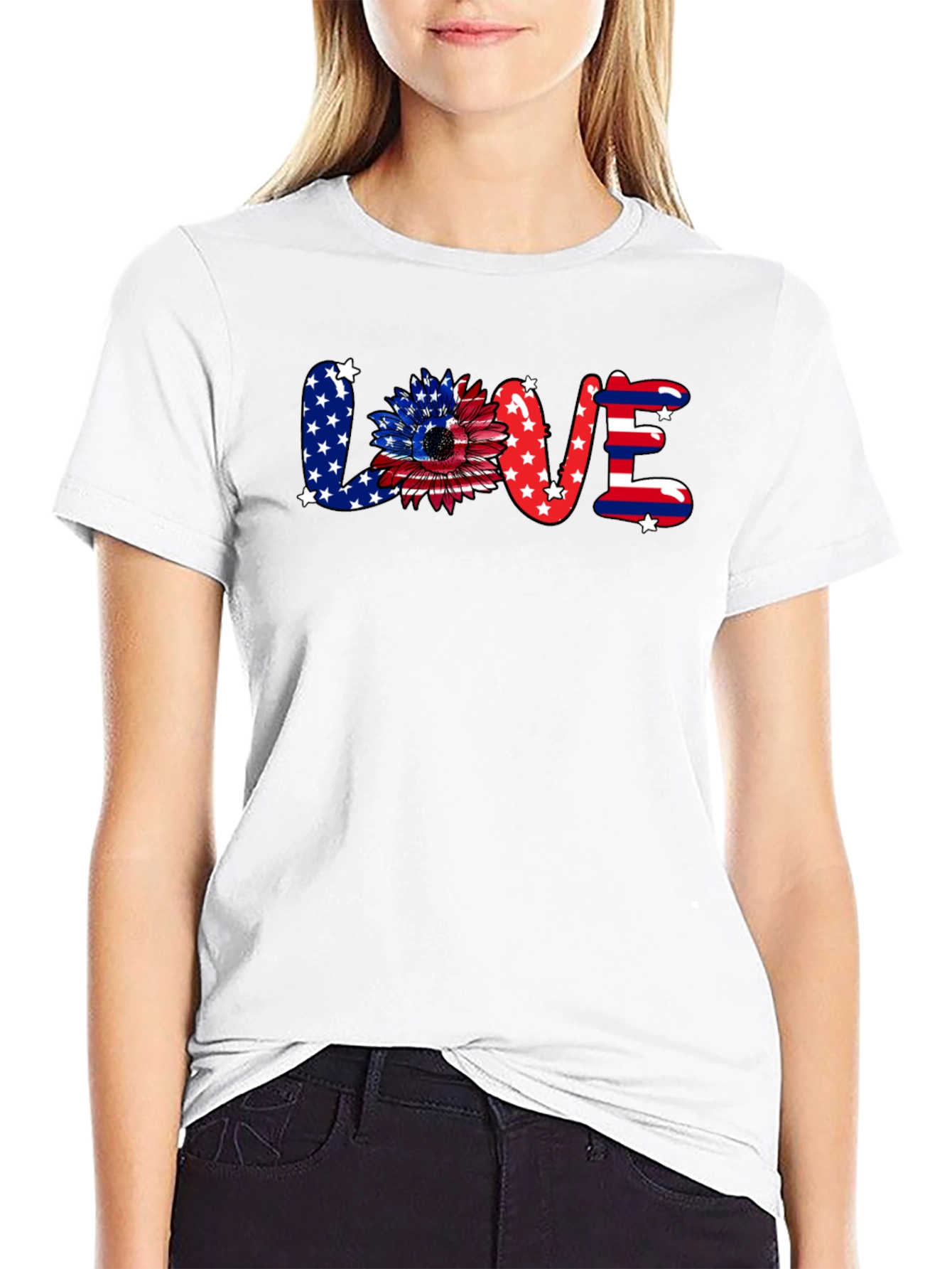 Patriotic LOVE Graphic T-Shirt - USA Flag Sunflower Design