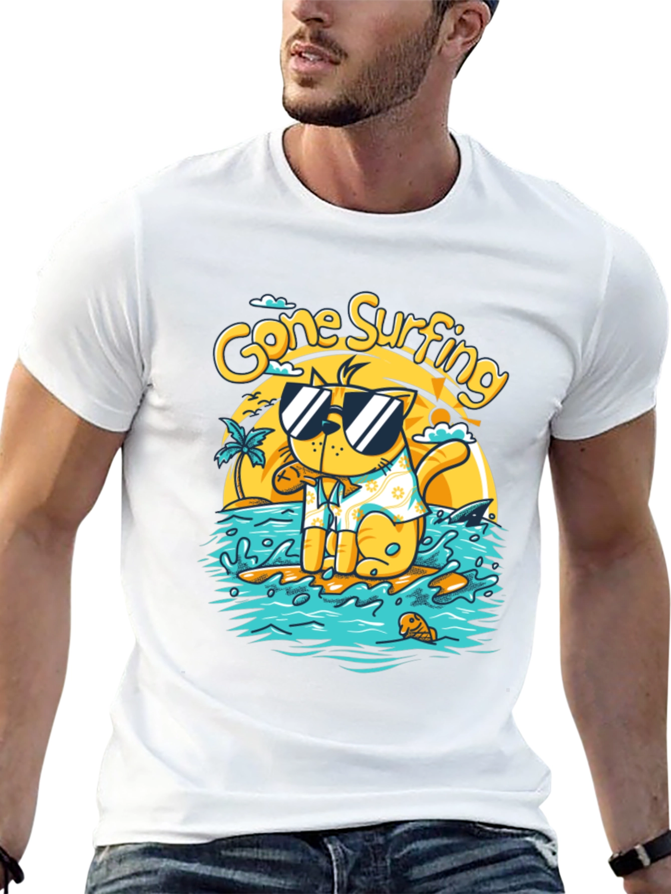 Gone Surfing Cat Graphic T-Shirt