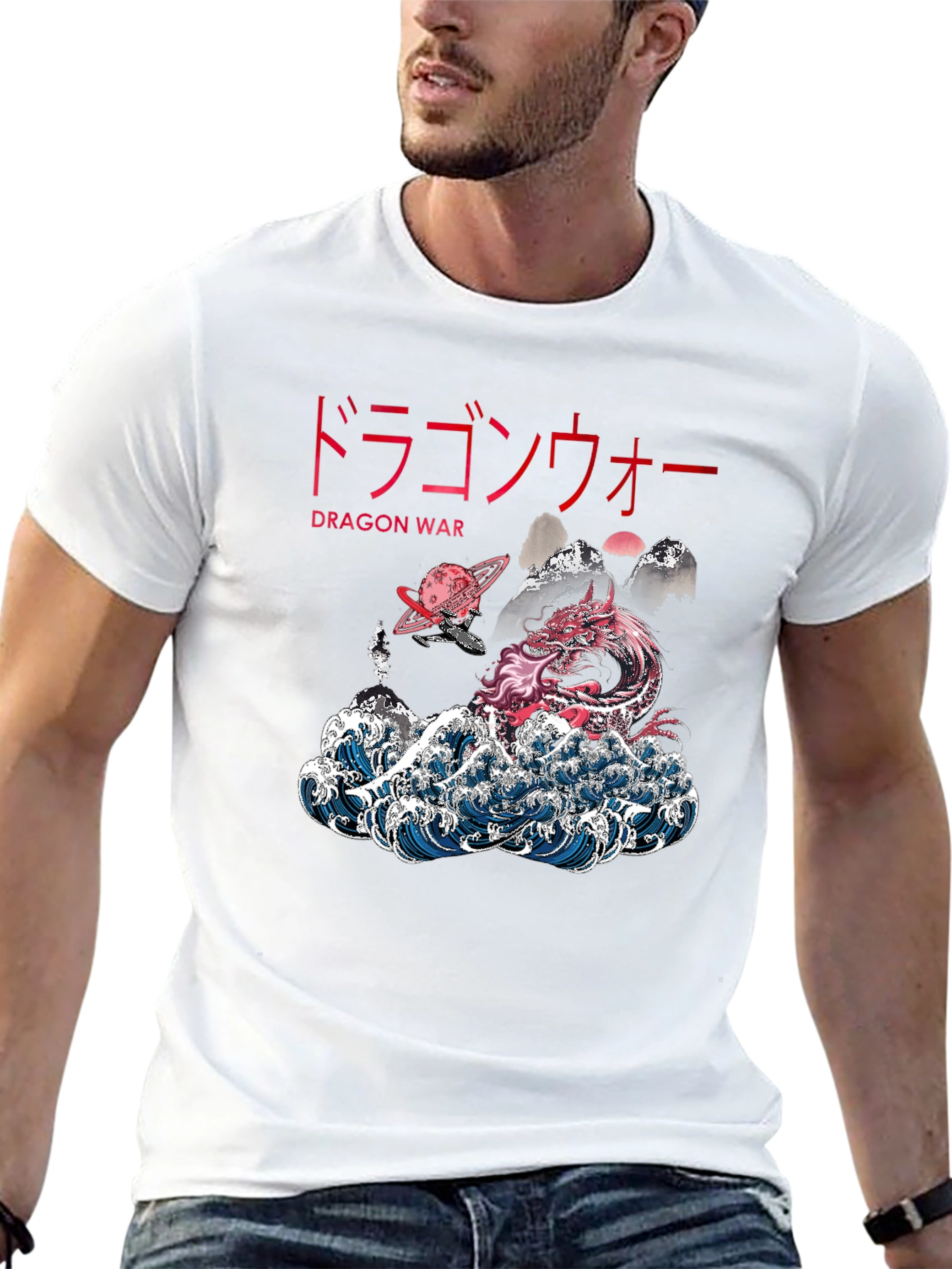 Dragon War Graphic Tee - Japanese Style Wave Design