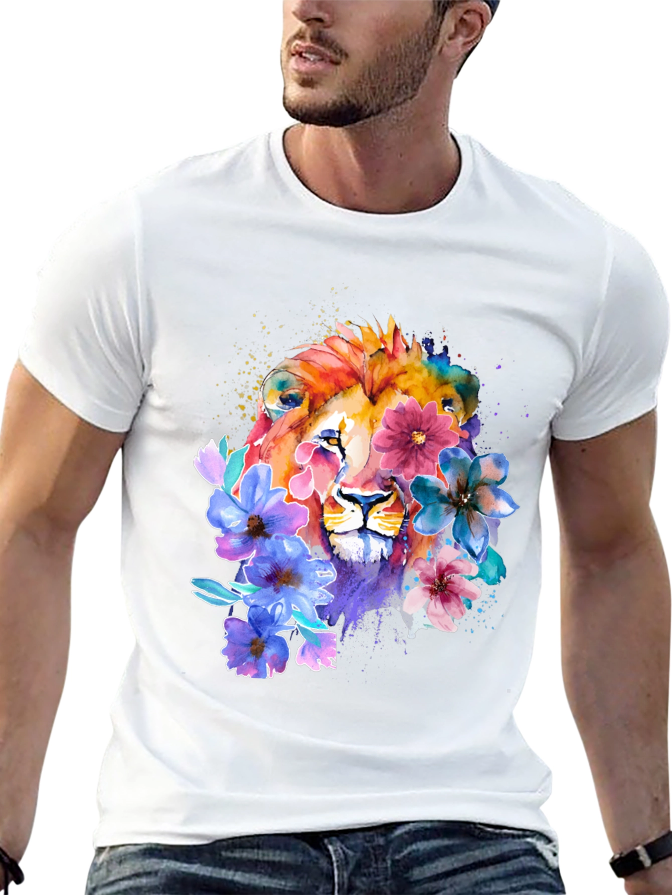 Floral Lion Graphic T-Shirt - Artistic Animal Tee