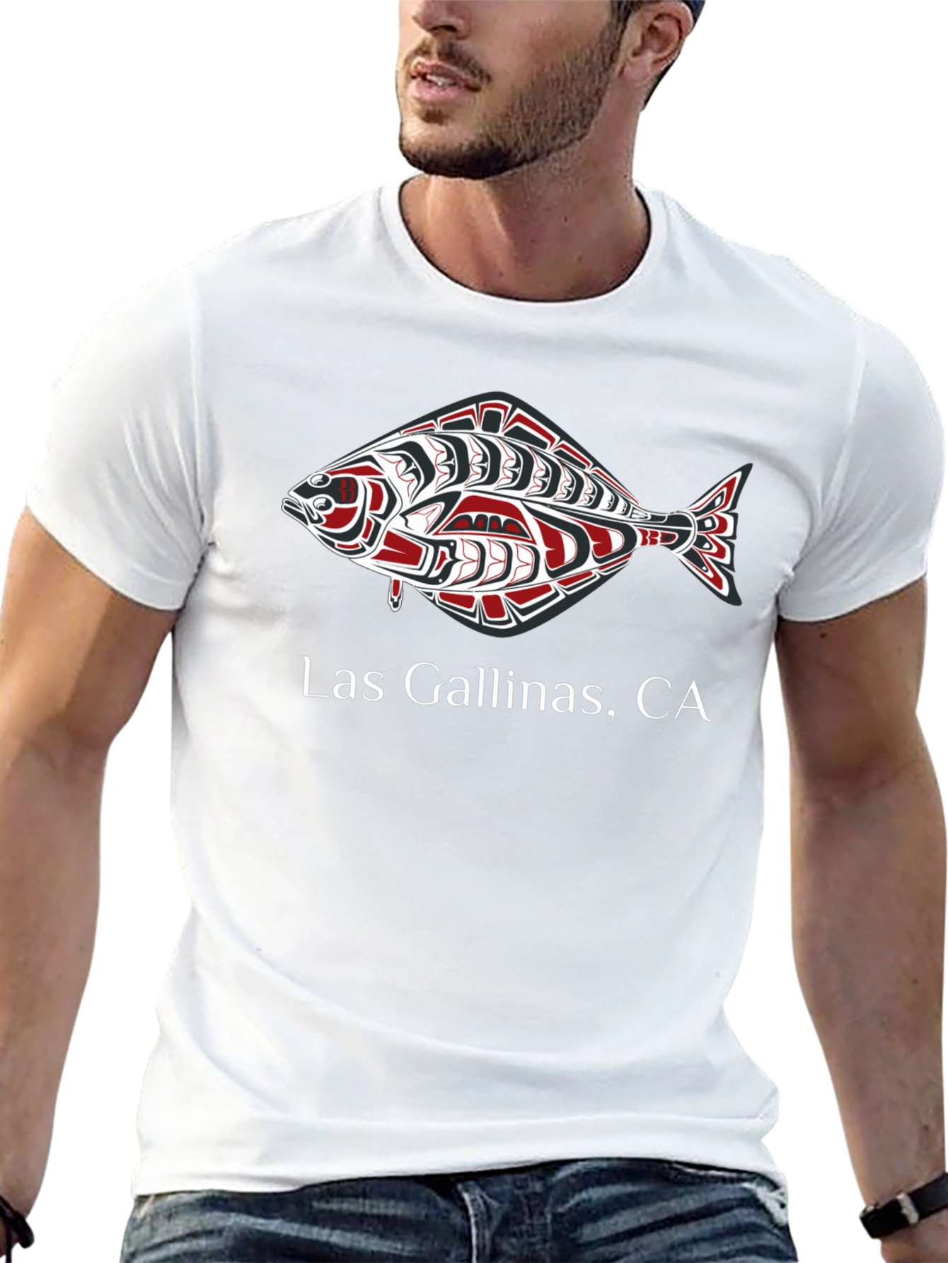 Las Gallinas CA Salmon Design Black T-Shirt