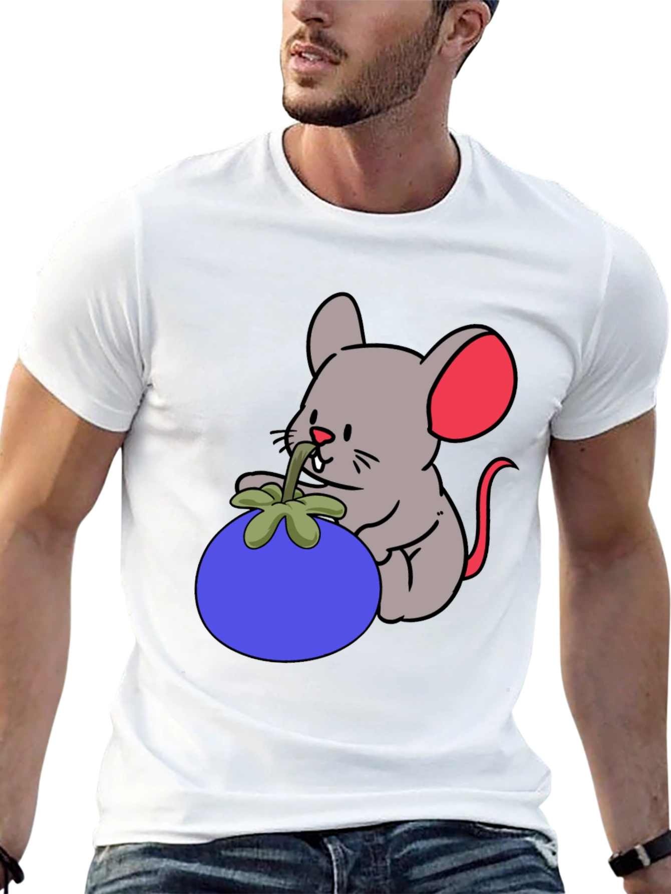 Cartoon Mouse & Berry Graphic Black T-Shirt