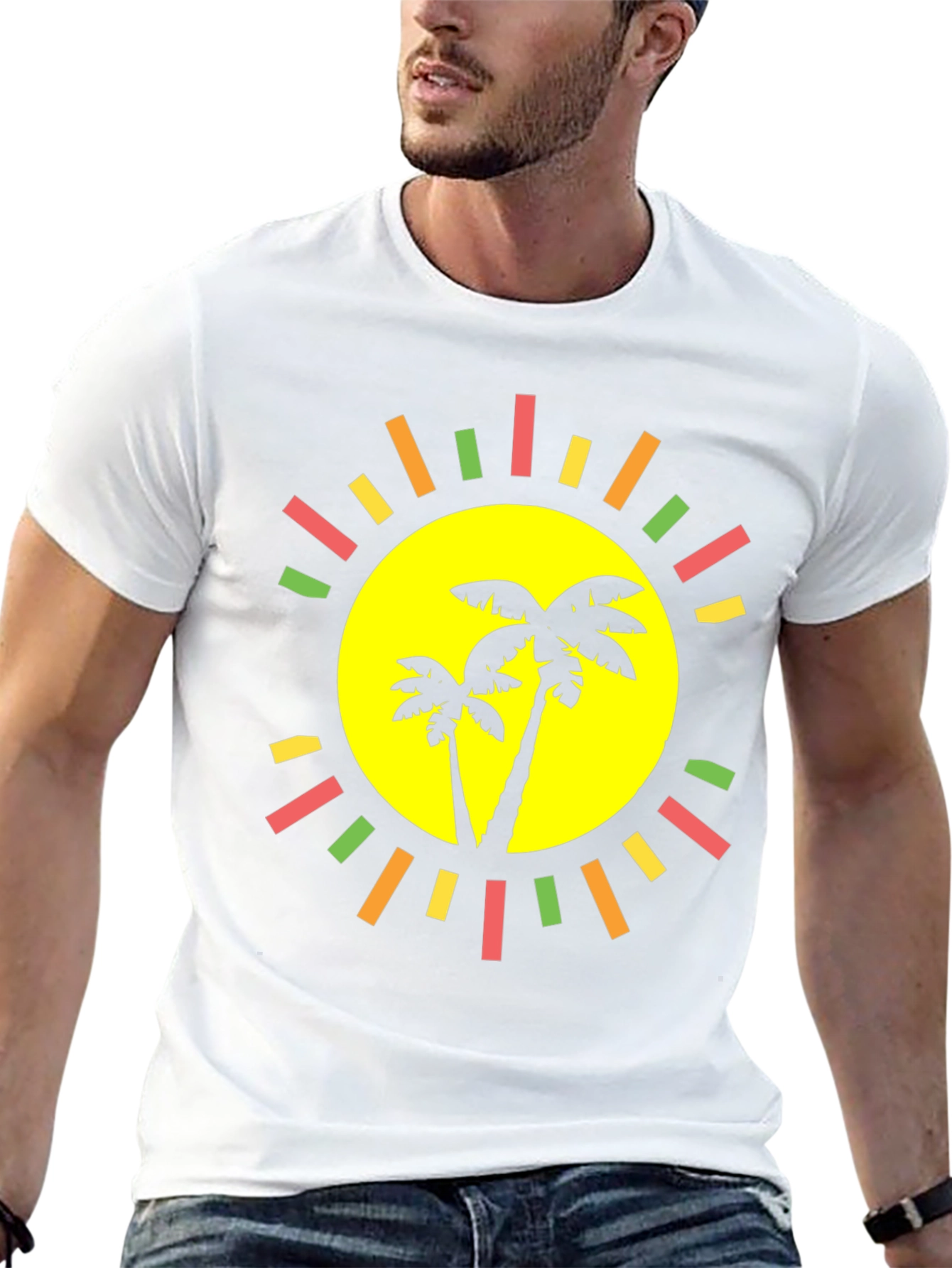 Tropical Palm Tree Sun Graphic Black T-Shirt
