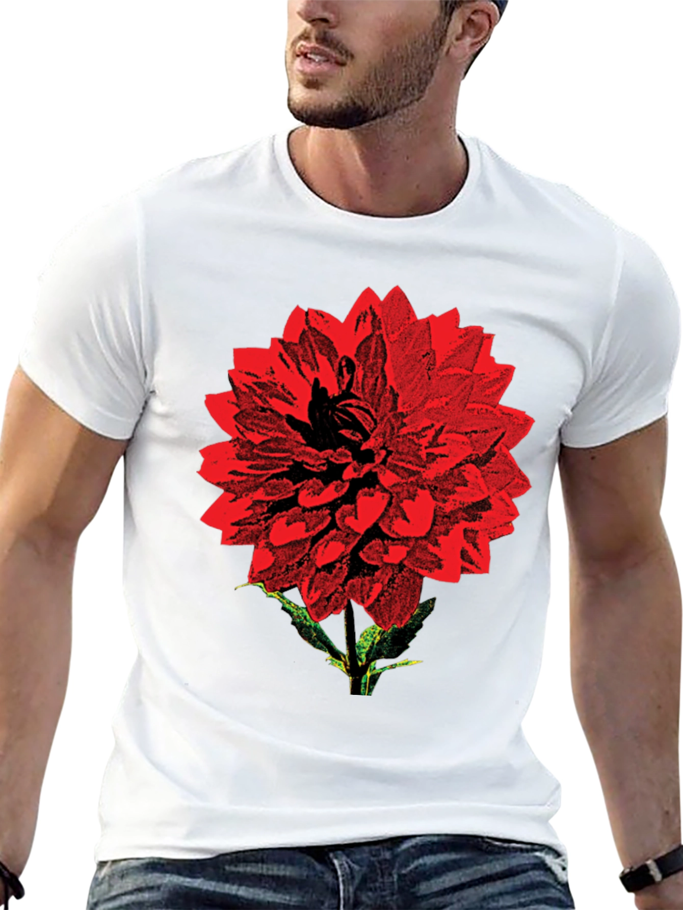 Red Flower Graphic Print Black T-Shirt