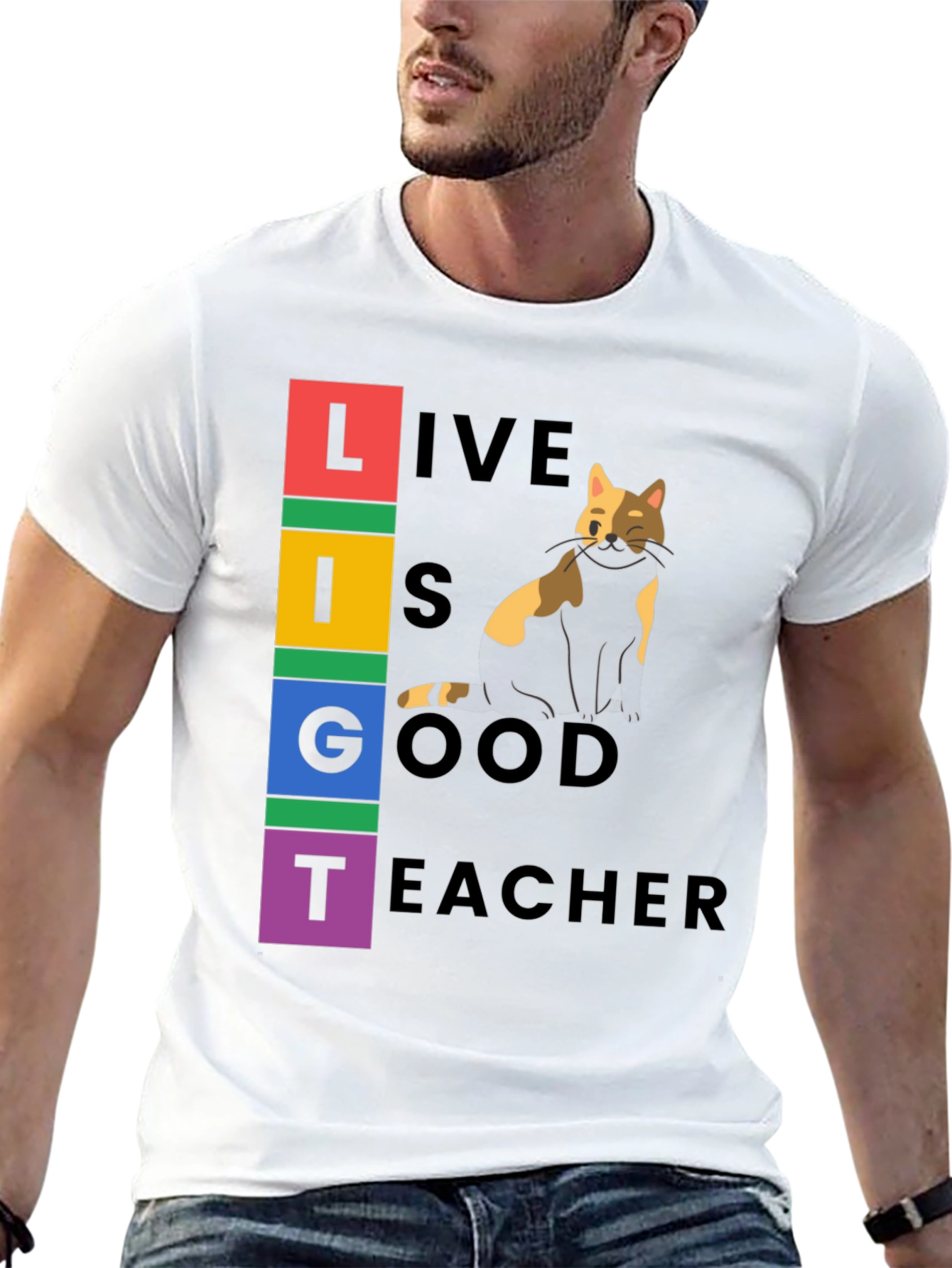 Live Is Good Cat Teacher Graphic Tee