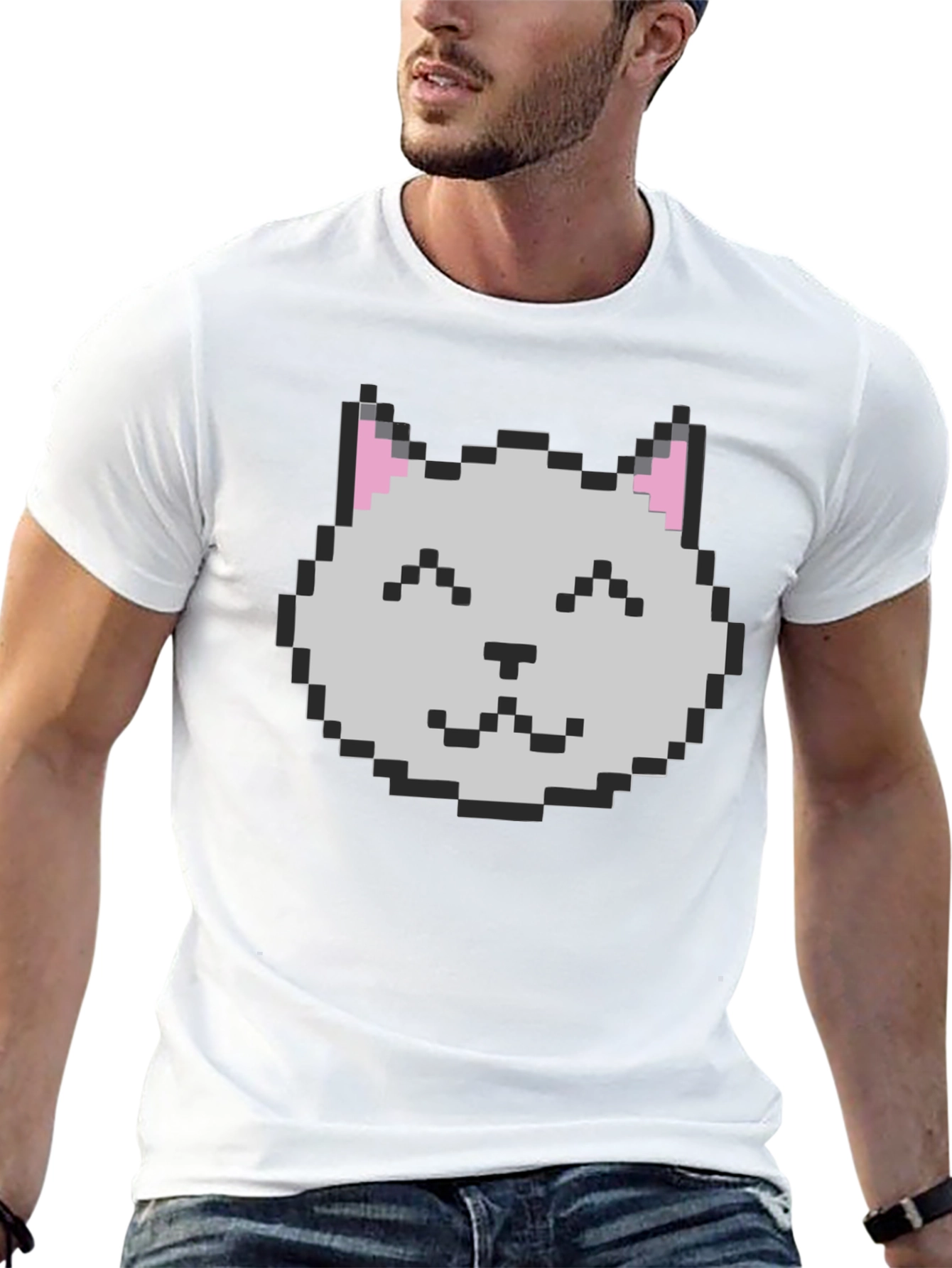Pixel Cat Graphic Tee - Black Cotton Casual Shirt