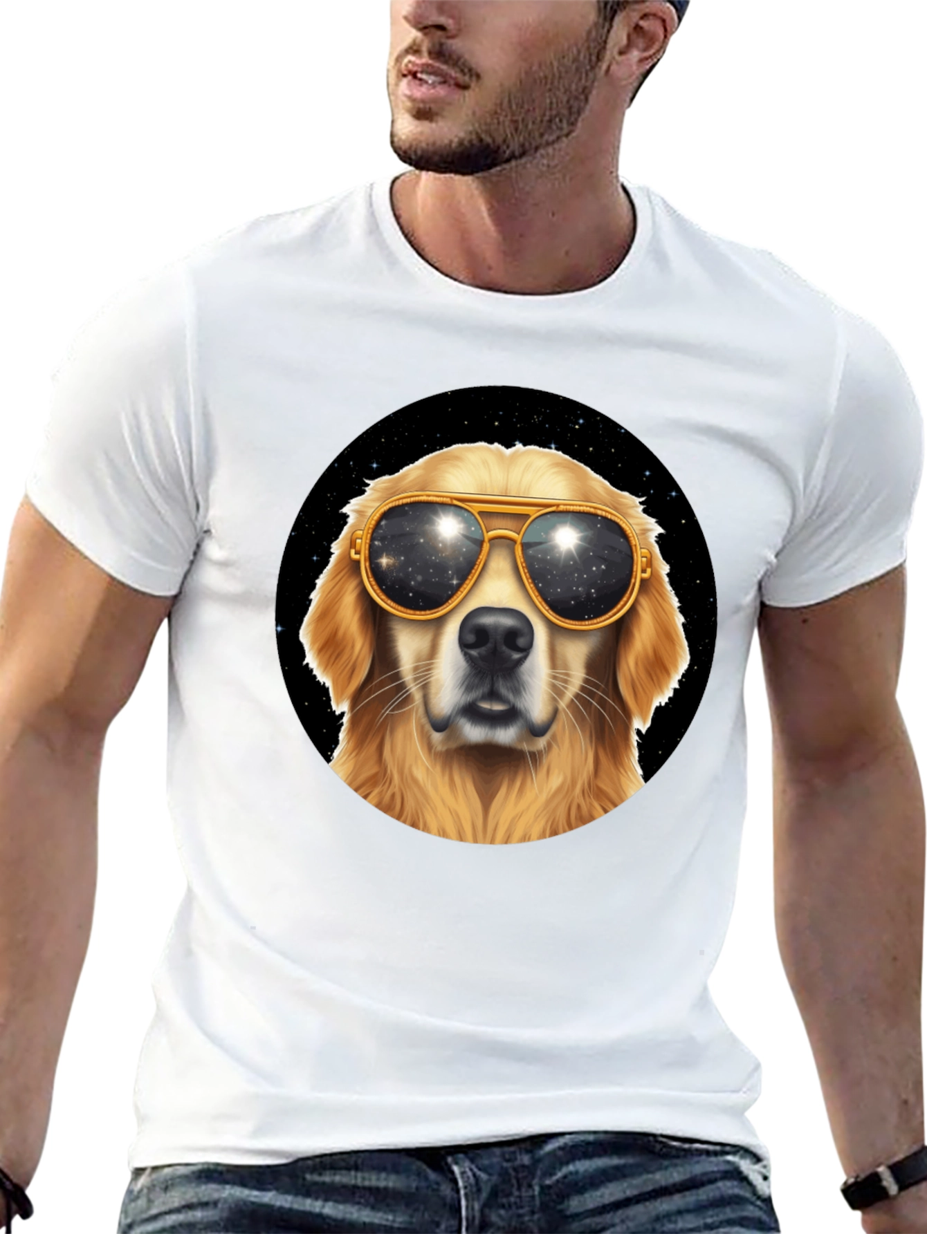 Cool Dog Tee - Golden Retriever Sunglasses Space Design