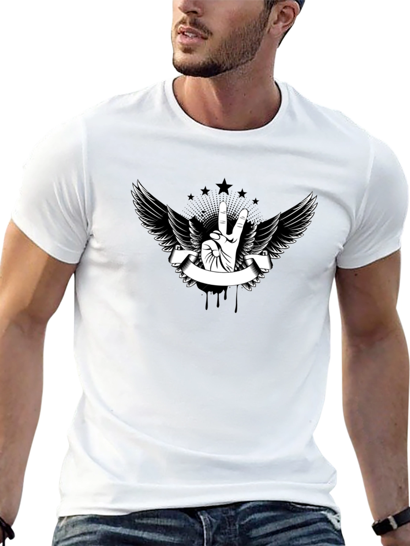Black T-Shirt with Peace Sign Wings Graphic