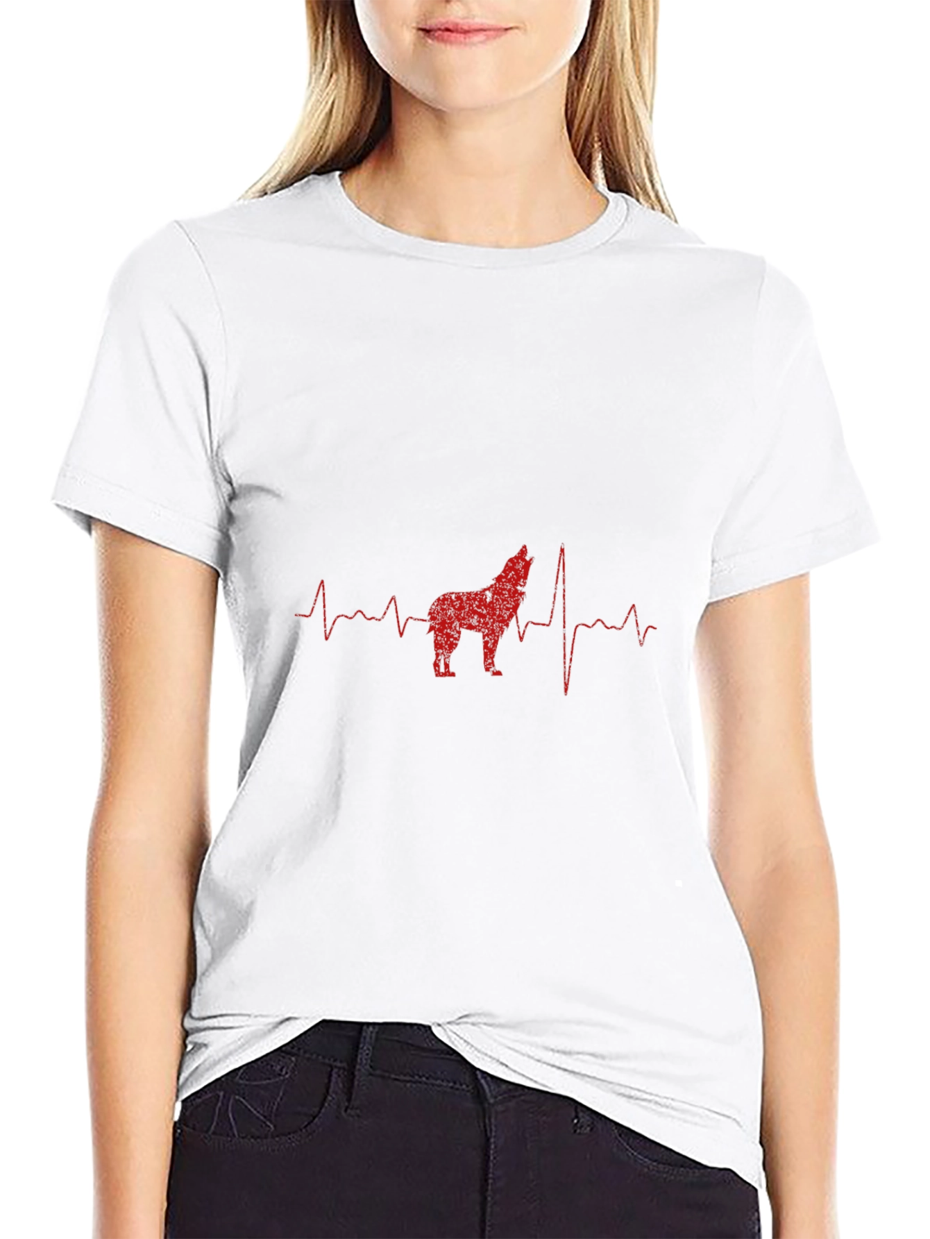 Wolf Heartbeat Graphic Print Black T-Shirt