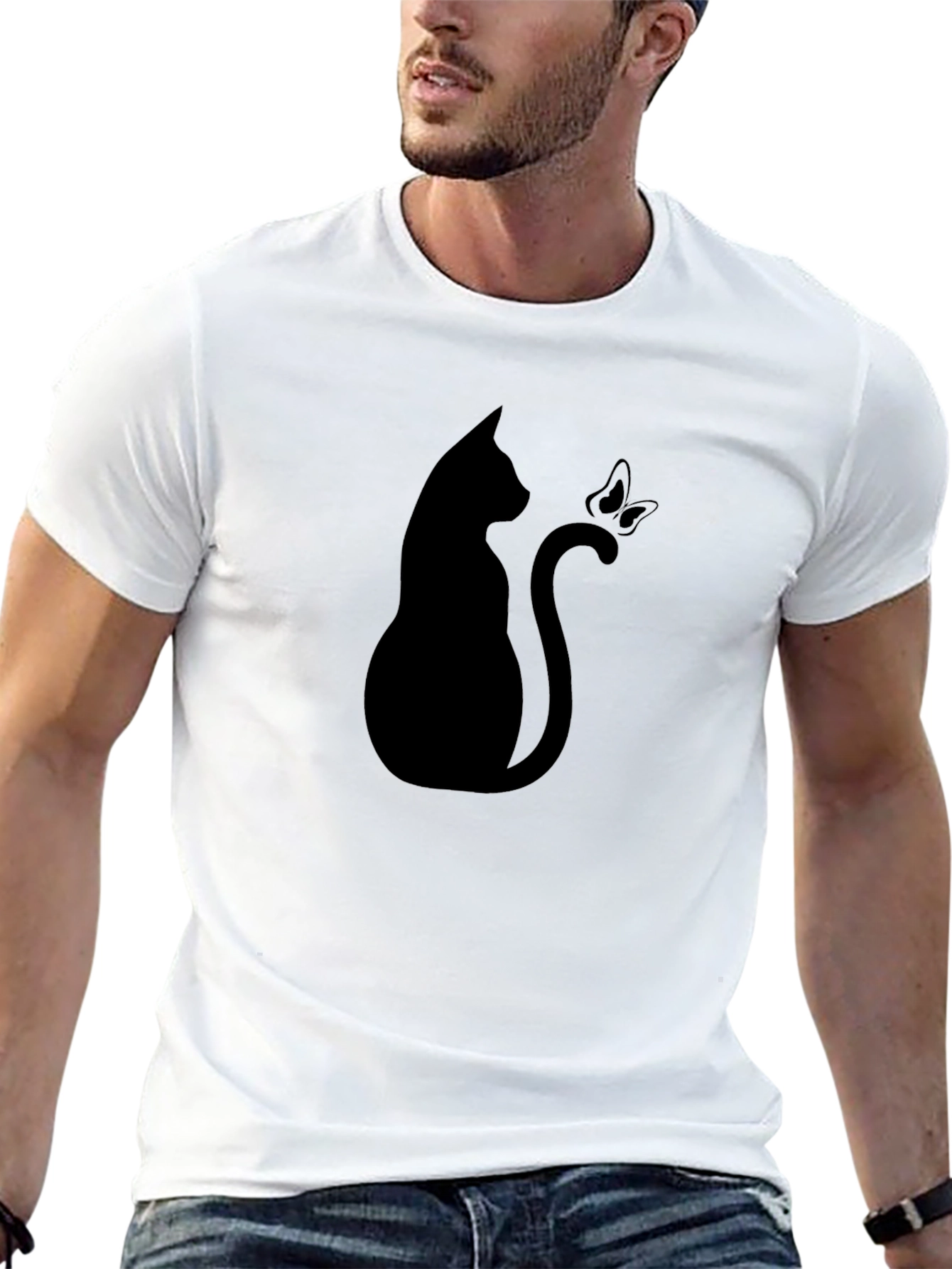 Cat & Butterfly Graphic Tee - Stylish Black T-Shirt
