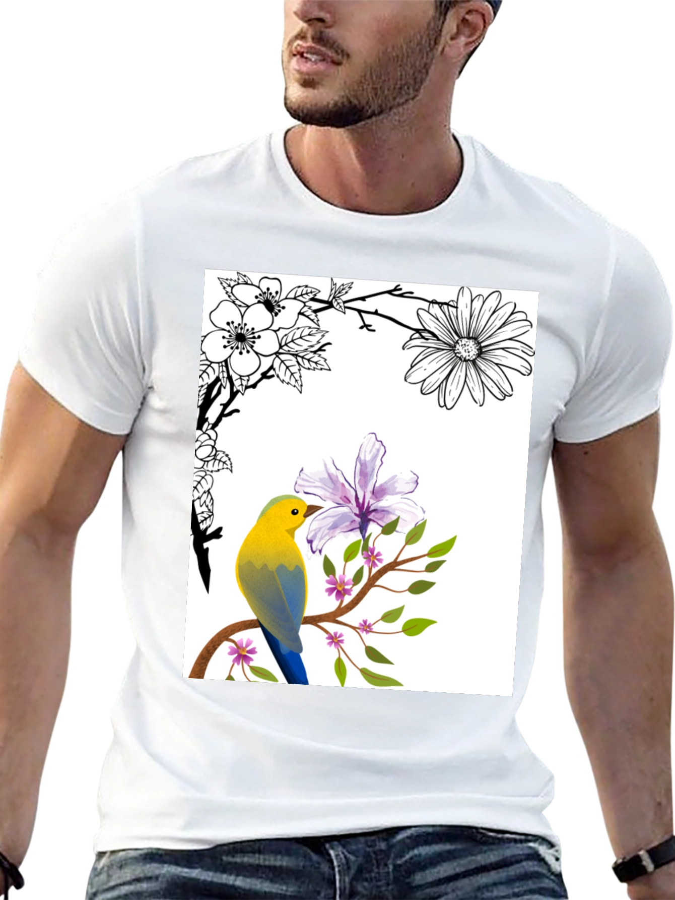 Floral Bird T-Shirt - Stylish Nature Graphic Tee