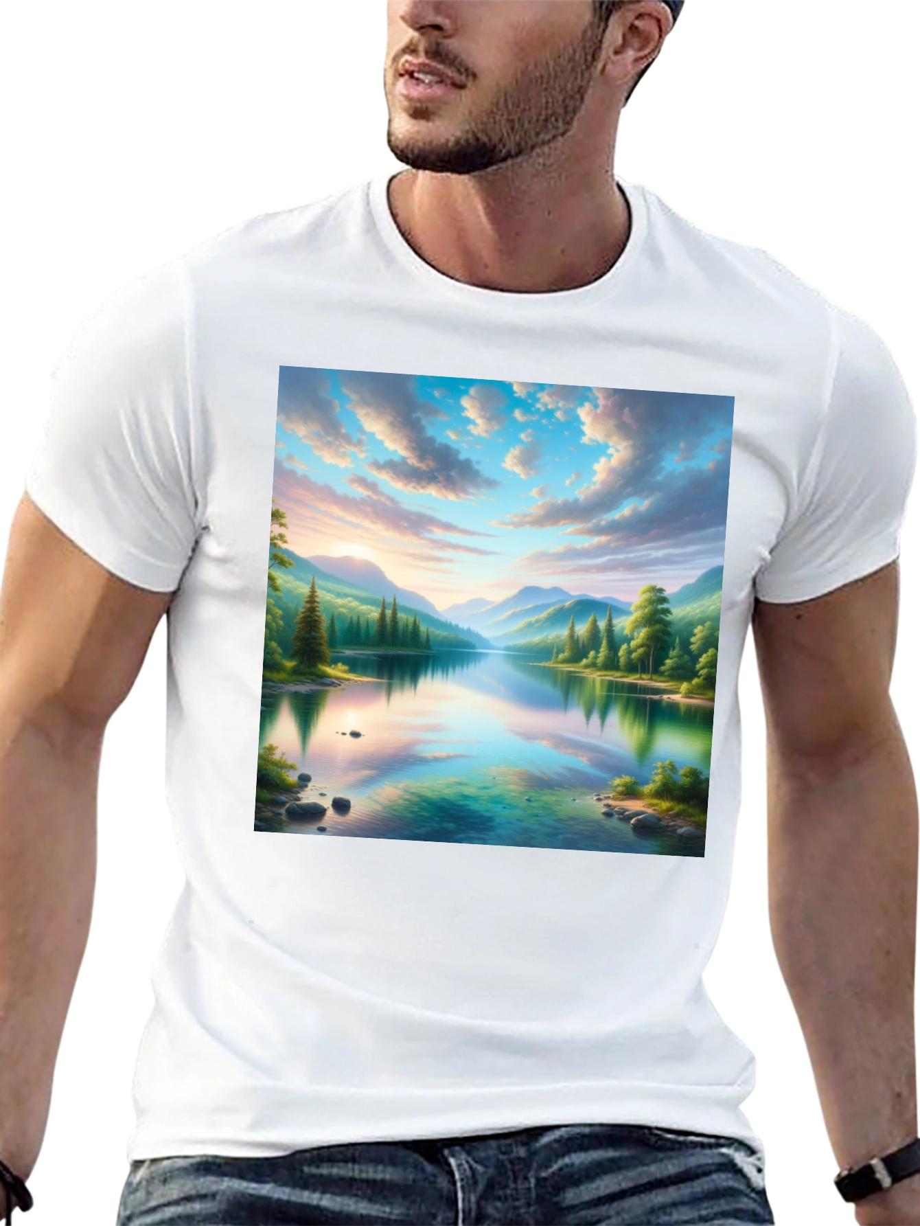 Scenic Mountain Lake Graphic Tee - Soft Black Cotton