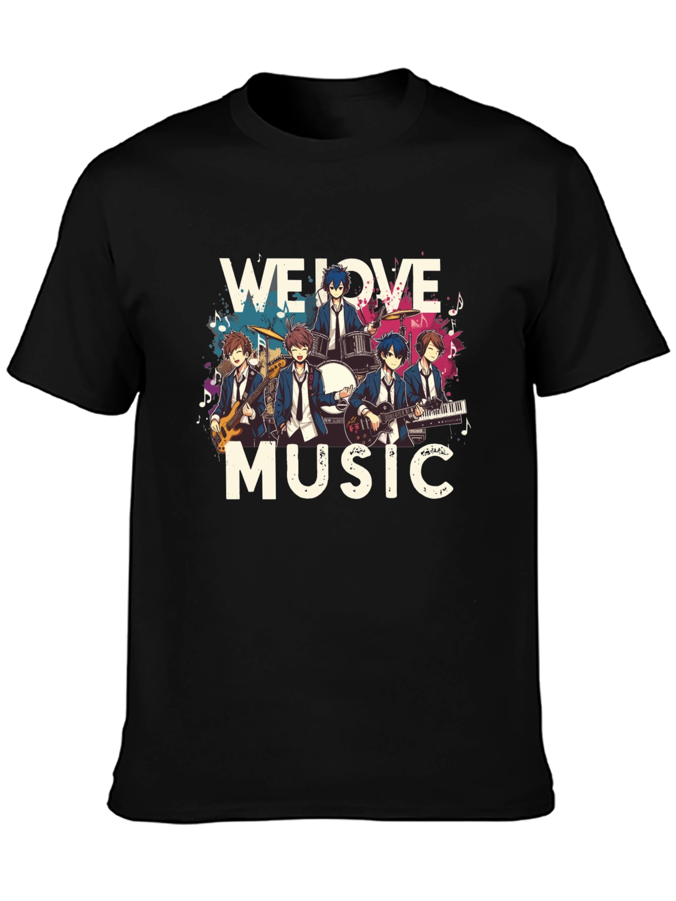 We Love Music Anime Band Graphic Black T-Shirt