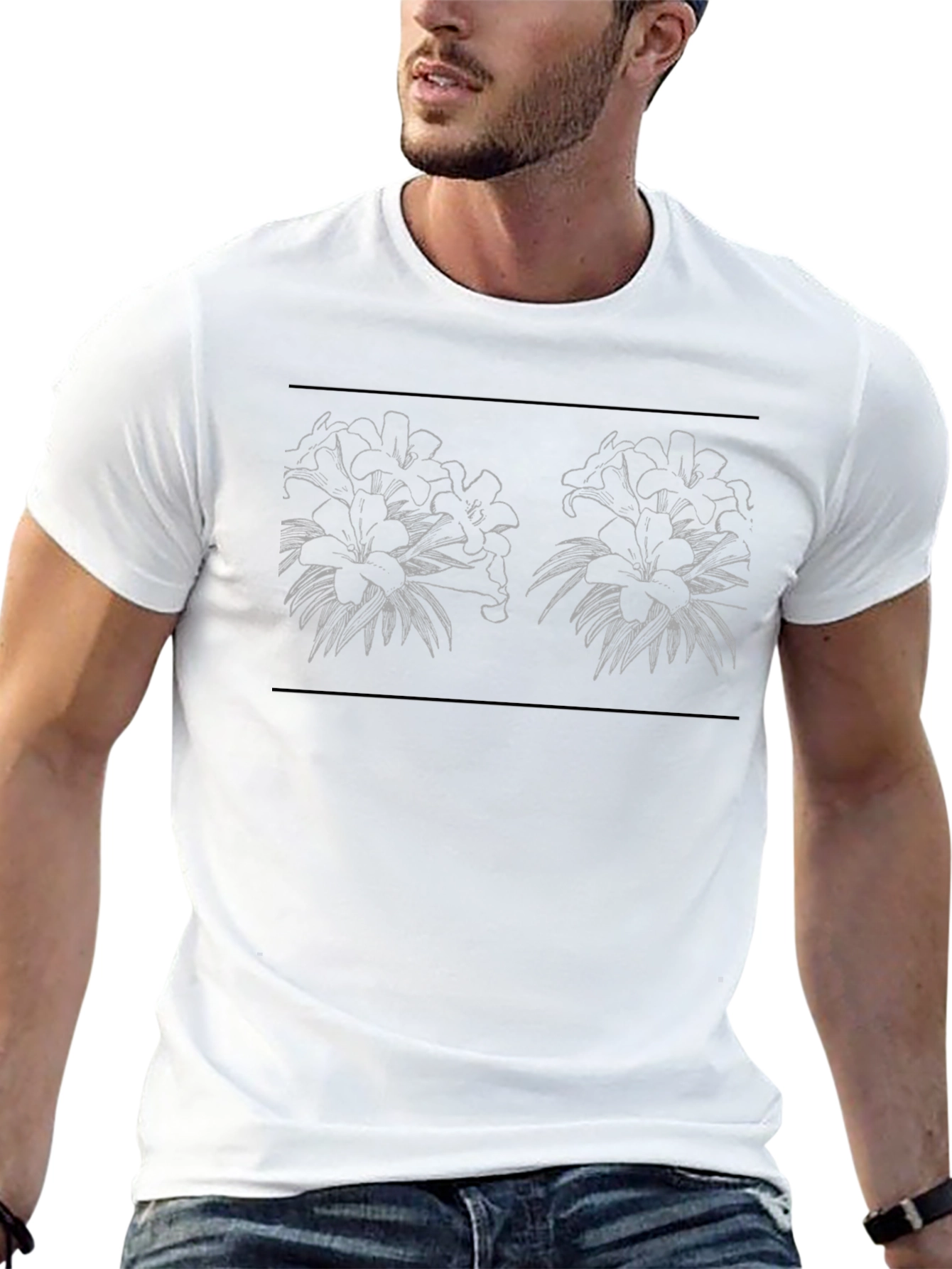 Floral Line Art Black T-Shirt