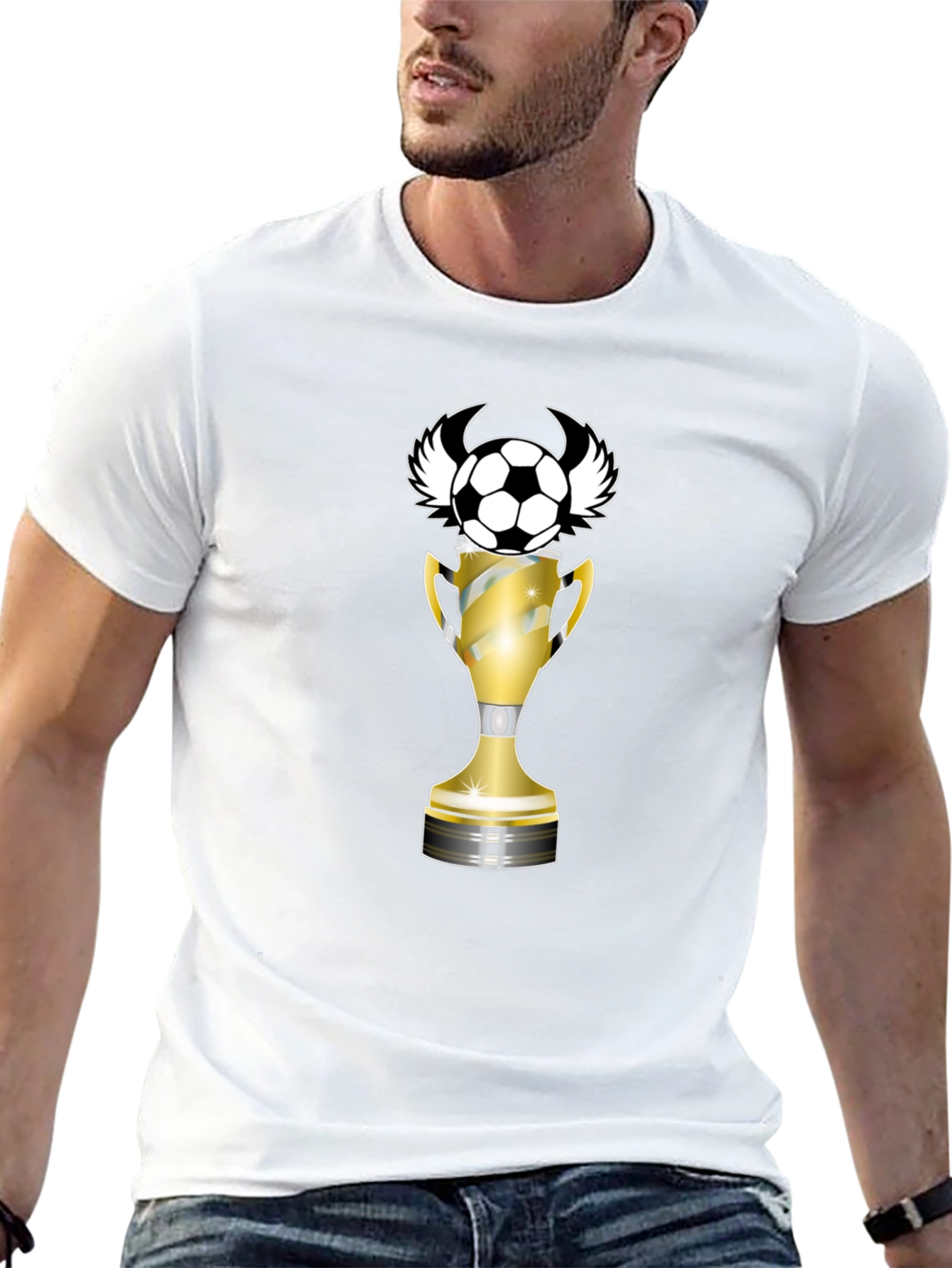Black T-Shirt with Soccer Ball Trophy Design