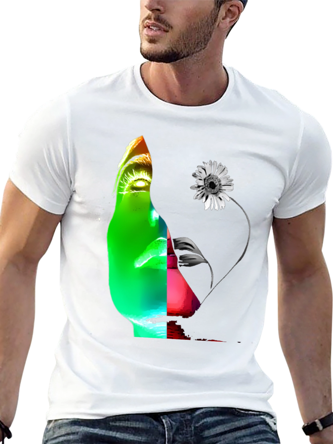 Abstract Face & Flower Graphic Black T-Shirt