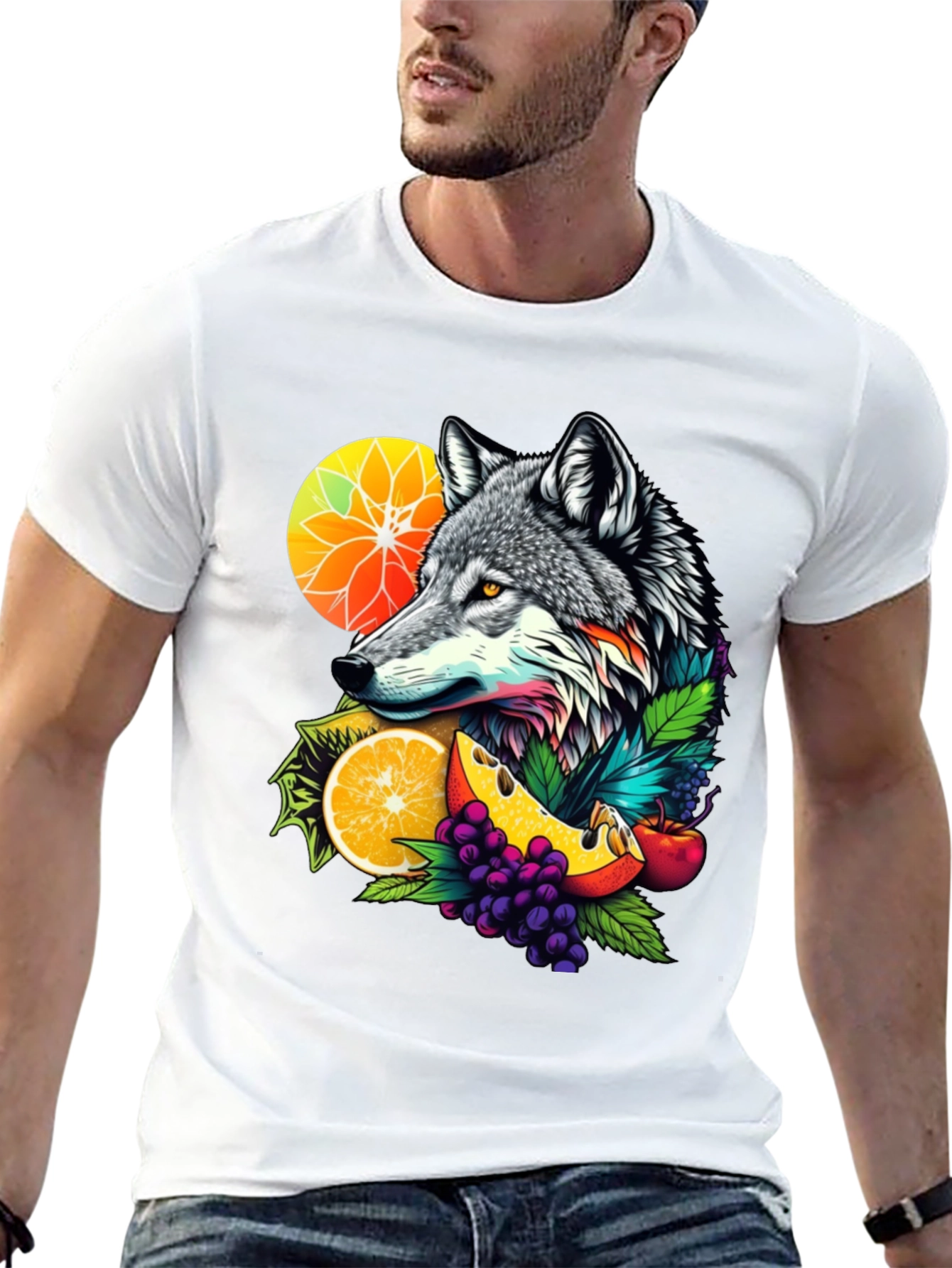 Wolf & Fruit Graphic Tee - Nature Inspired Design
