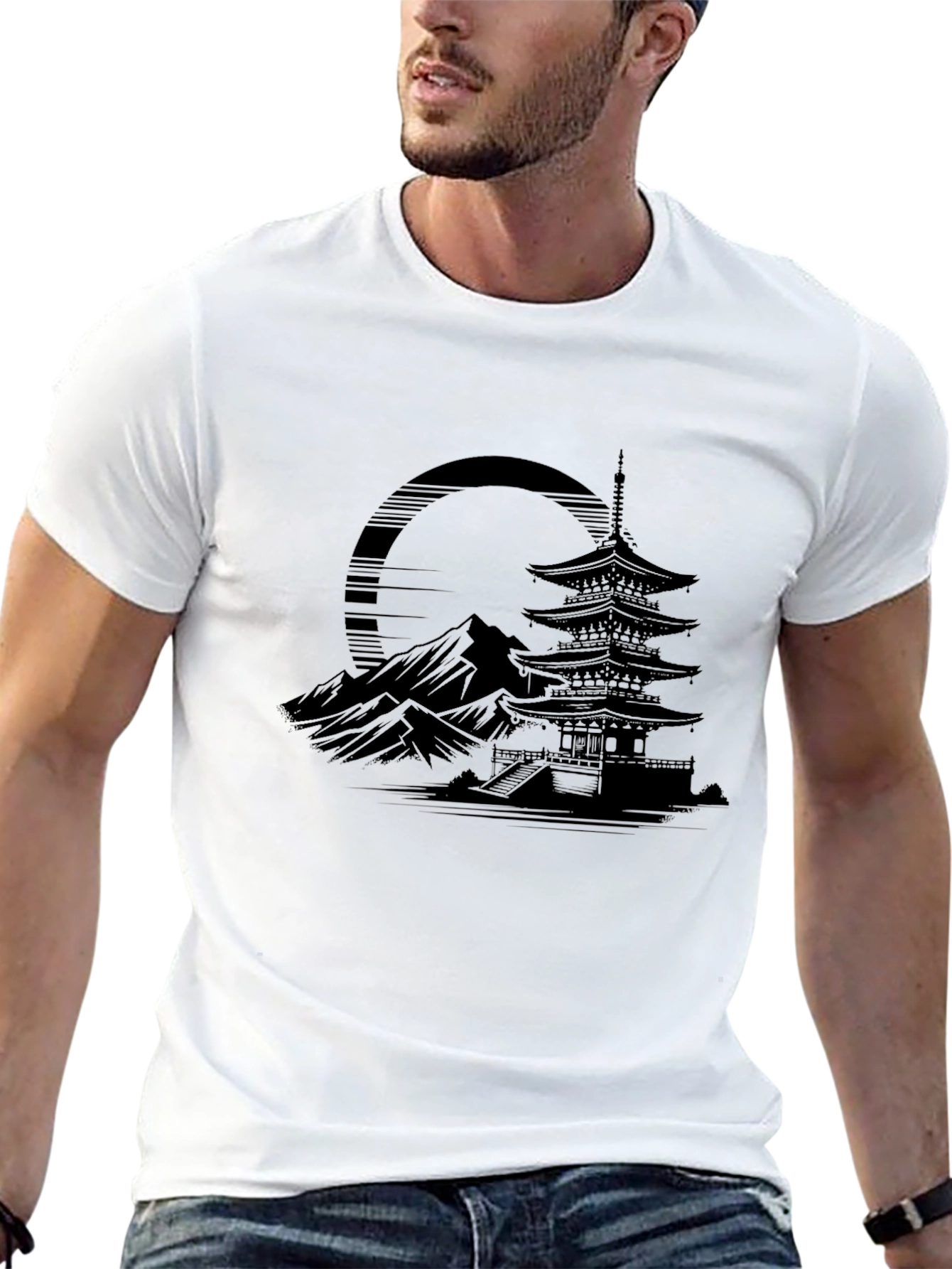 Mens Black T-Shirt with Japanese Temple Graphic