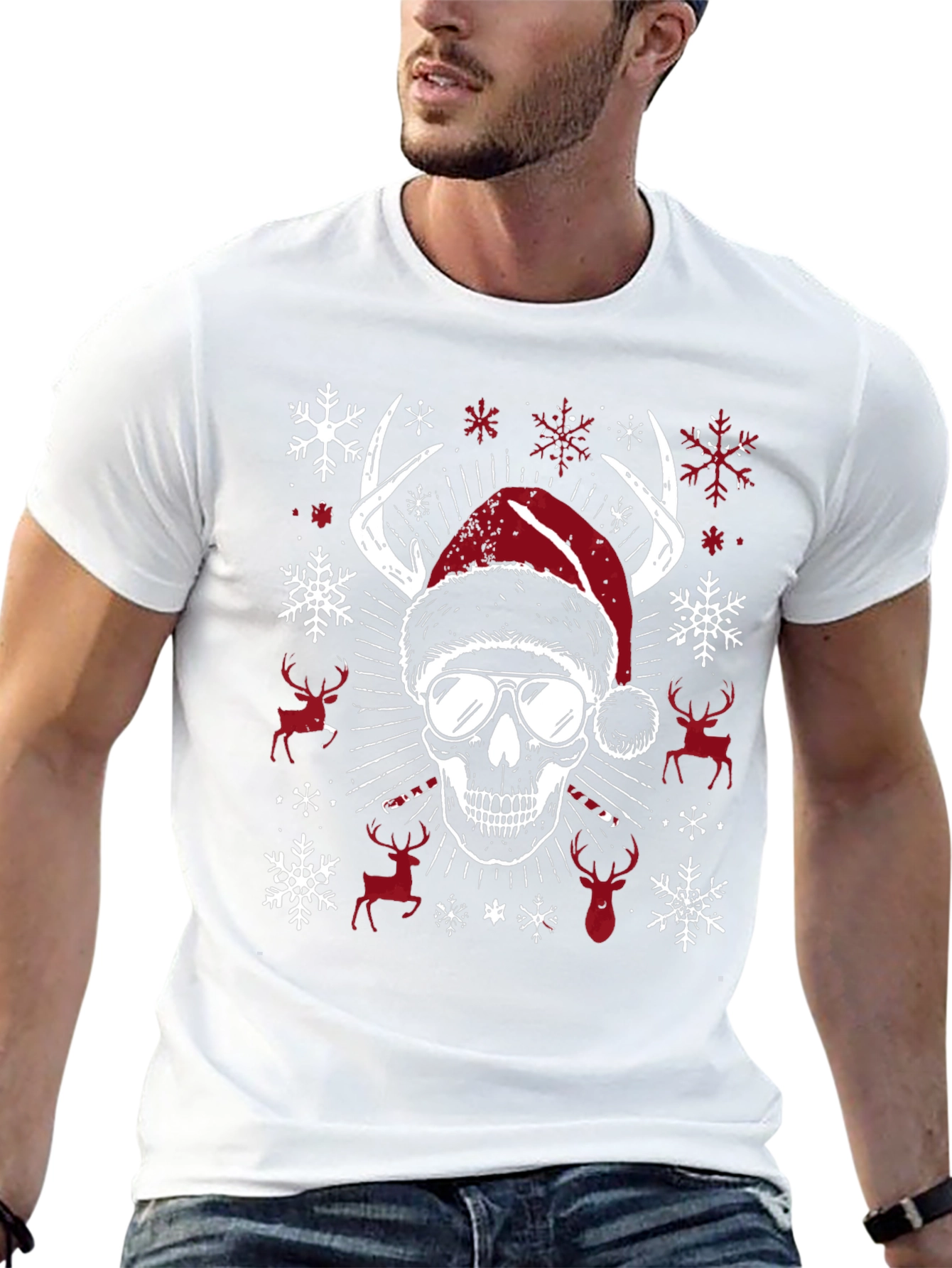 Skull Christmas T-Shirt with Antlers & Santa Hat