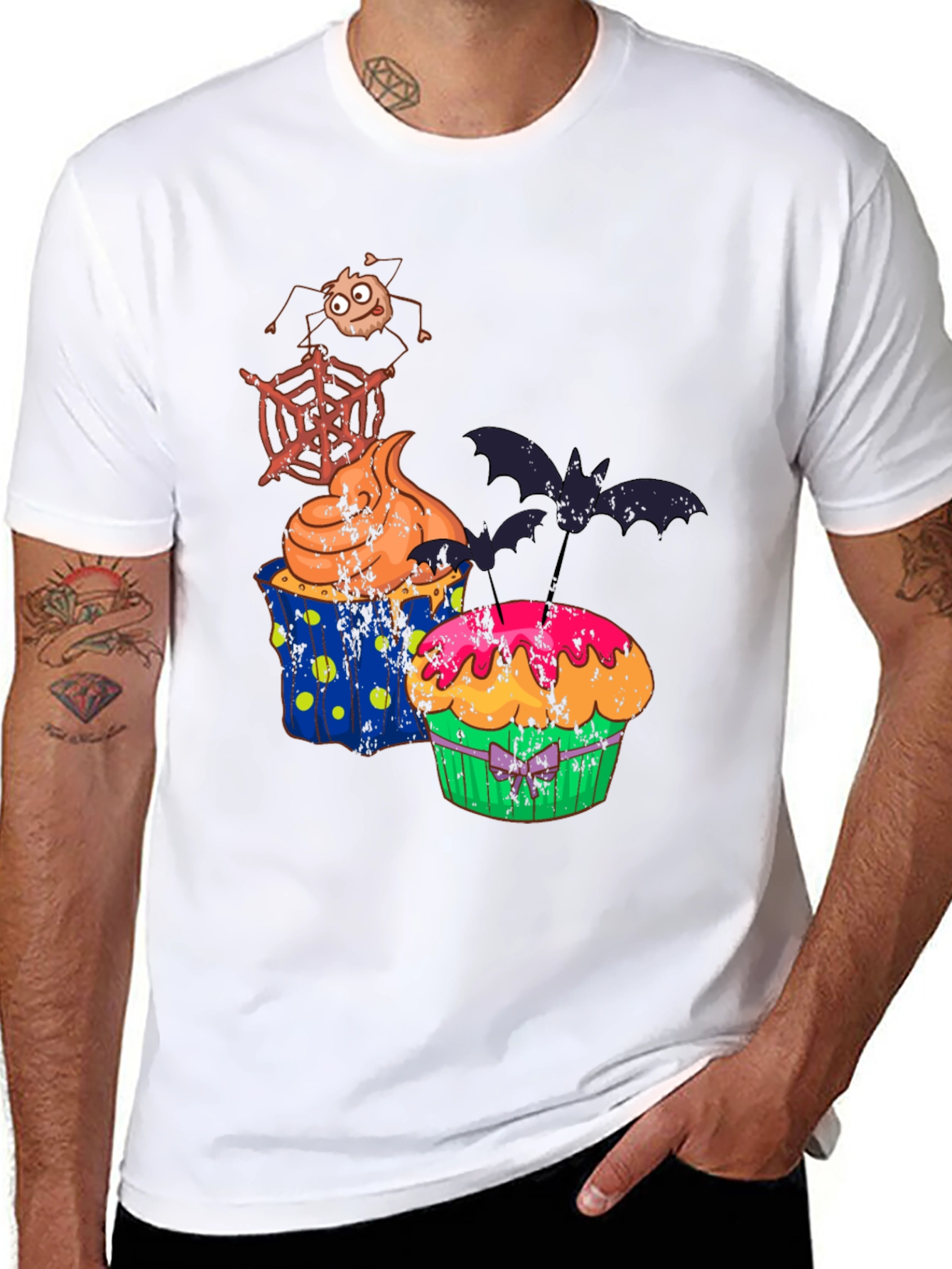 Halloween Cupcake T-Shirt Bat Spider Web Graphic Tee