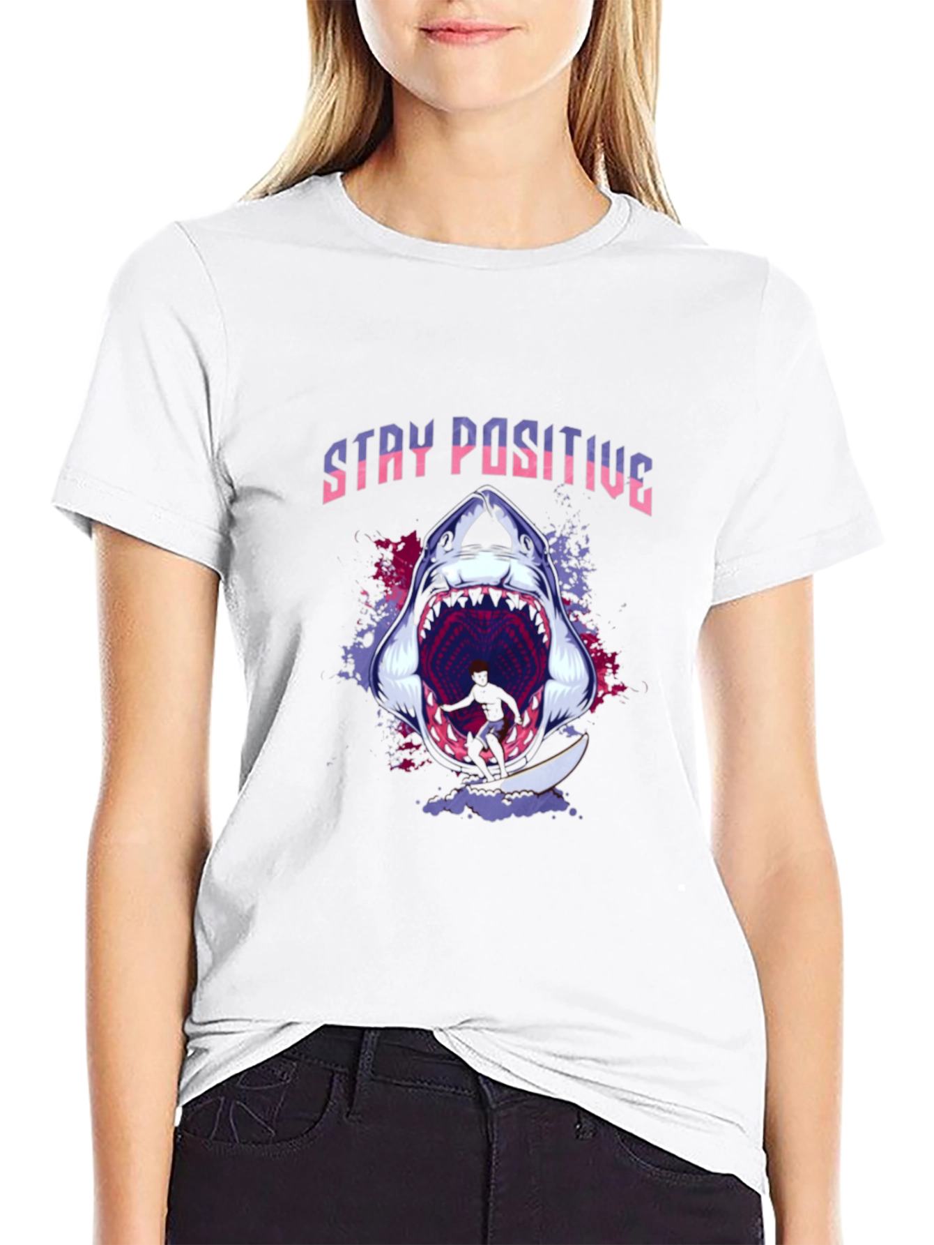 Stay Positive Shark T-Shirt - Black Graphic Tee
