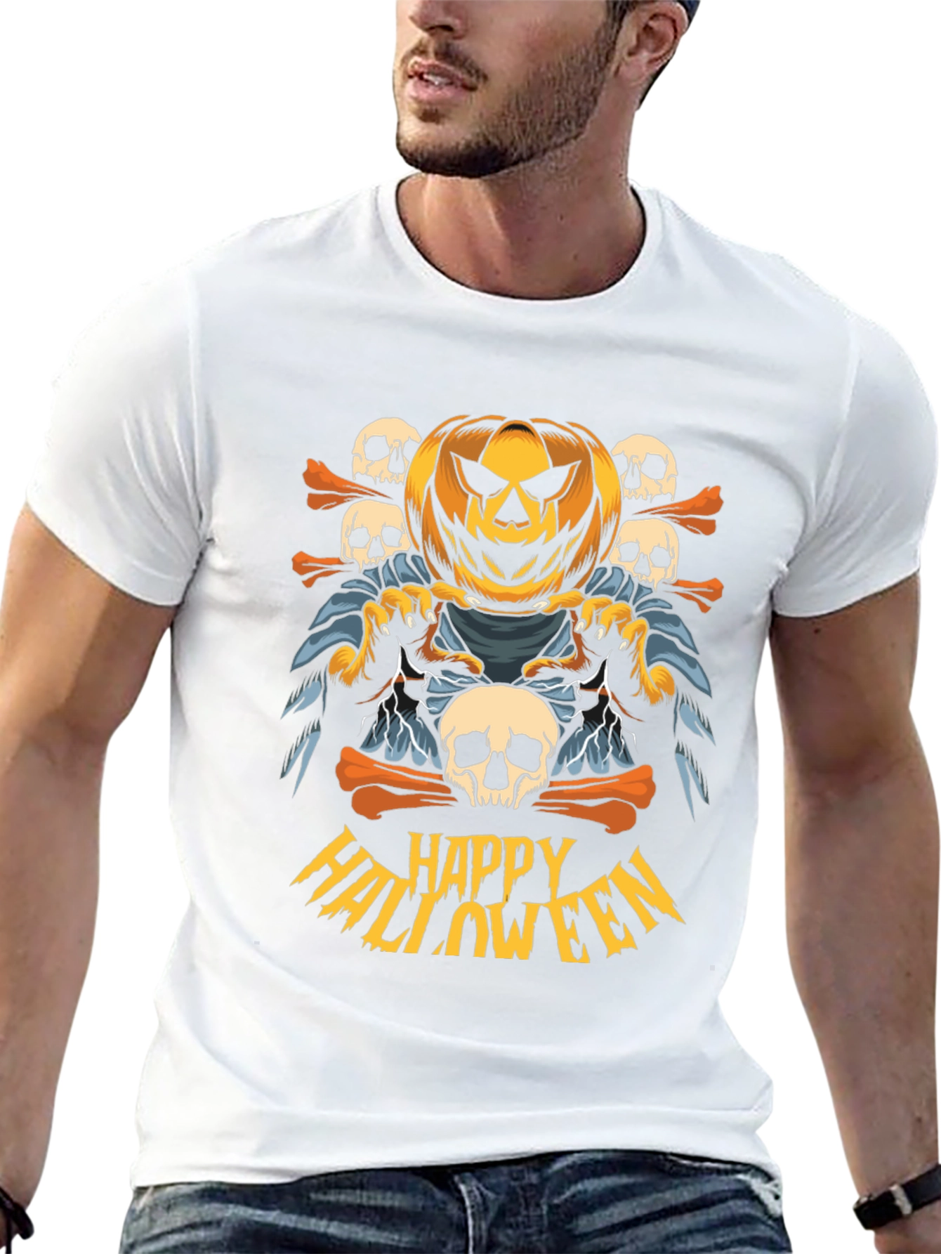 Happy Halloween Graphic T-Shirt - Pumpkin & Skulls