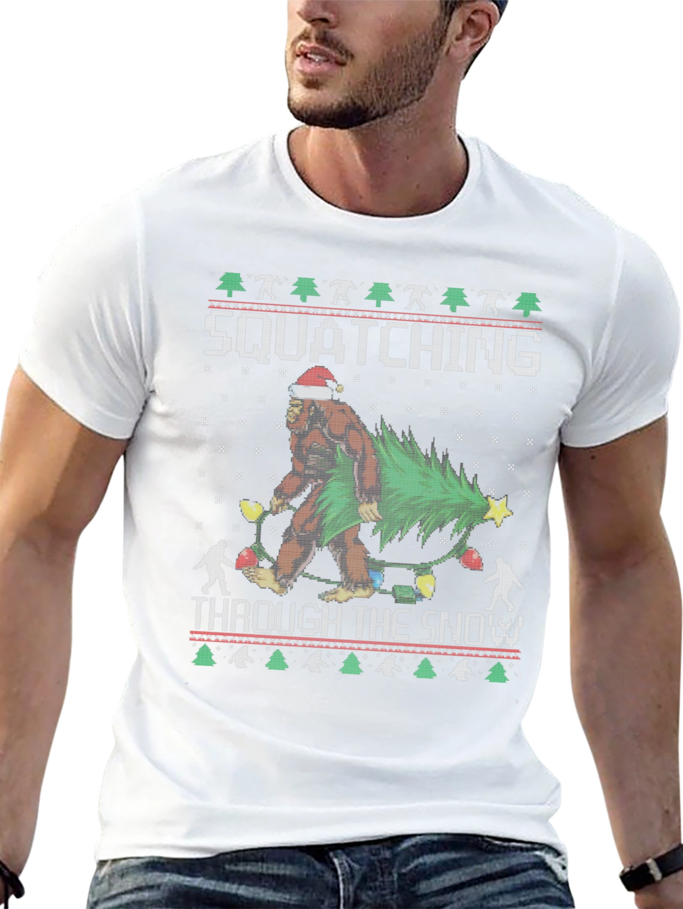 Squatching Through the Snow Ugly Christmas T-Shirt