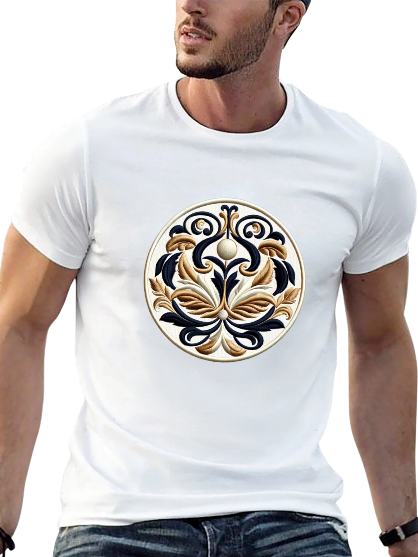 Elegant Black T-Shirt with Ornamental Circle Design