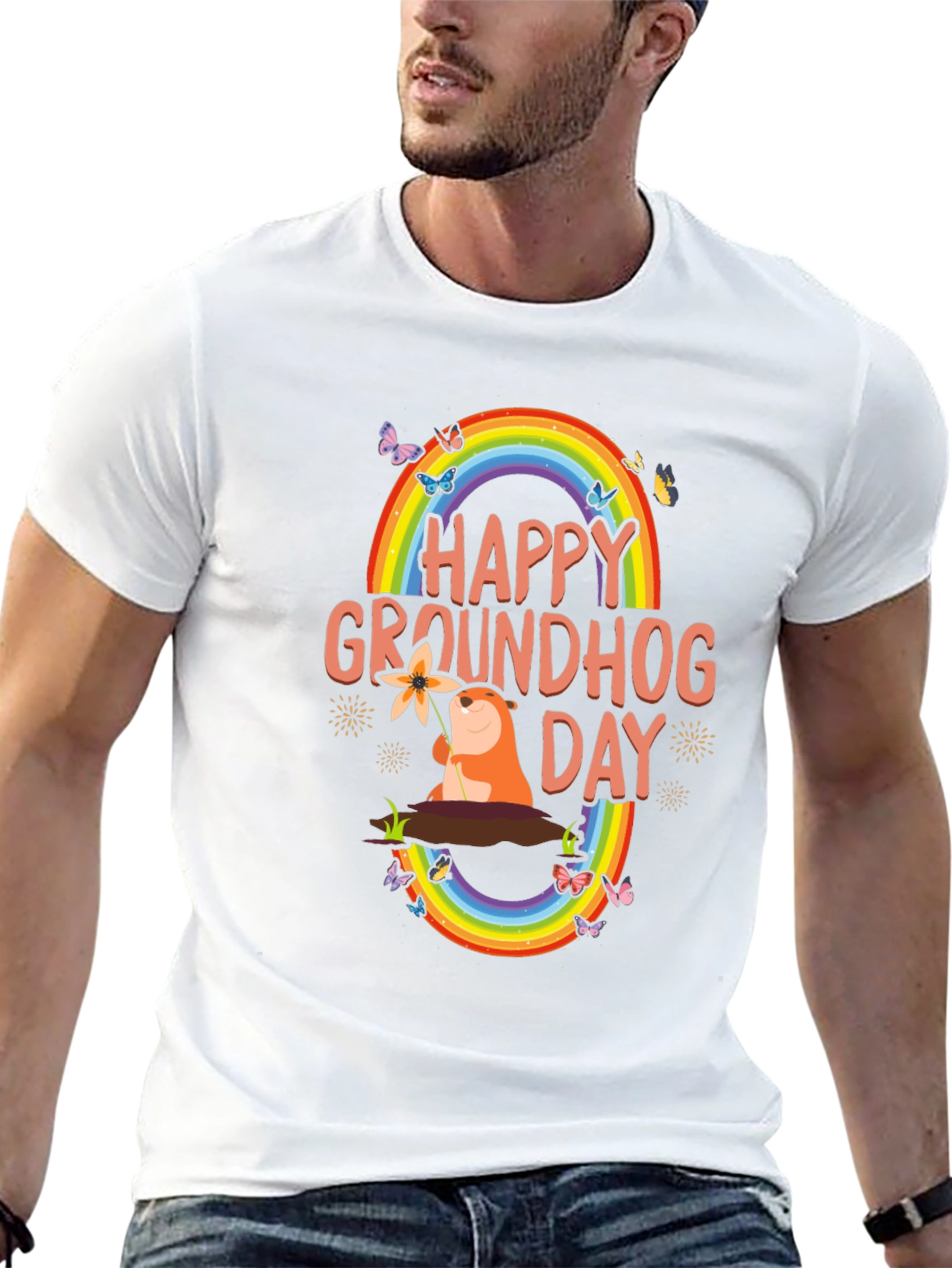 Happy Groundhog Day T-Shirt - Rainbow Graphic