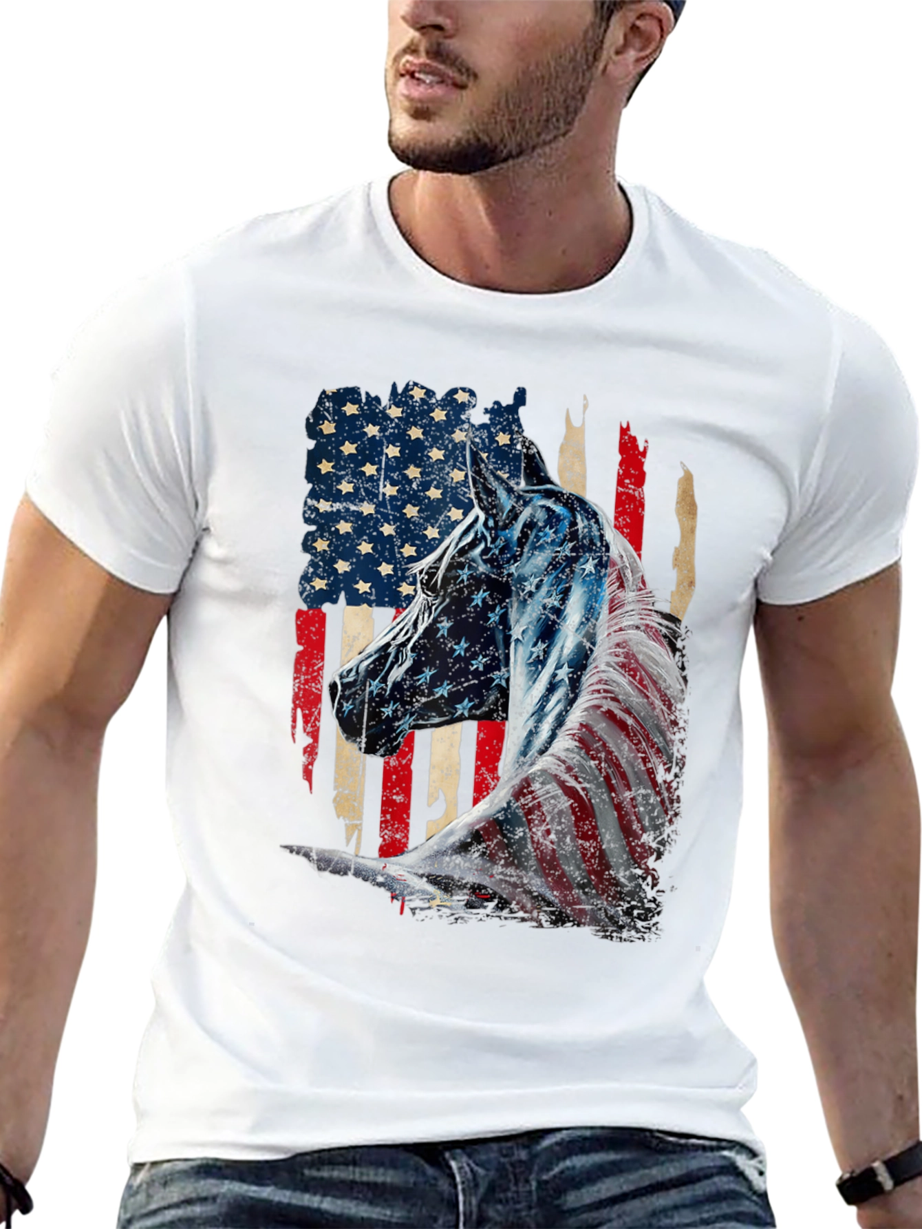American Flag Horse Graphic Tee - Patriotic Style