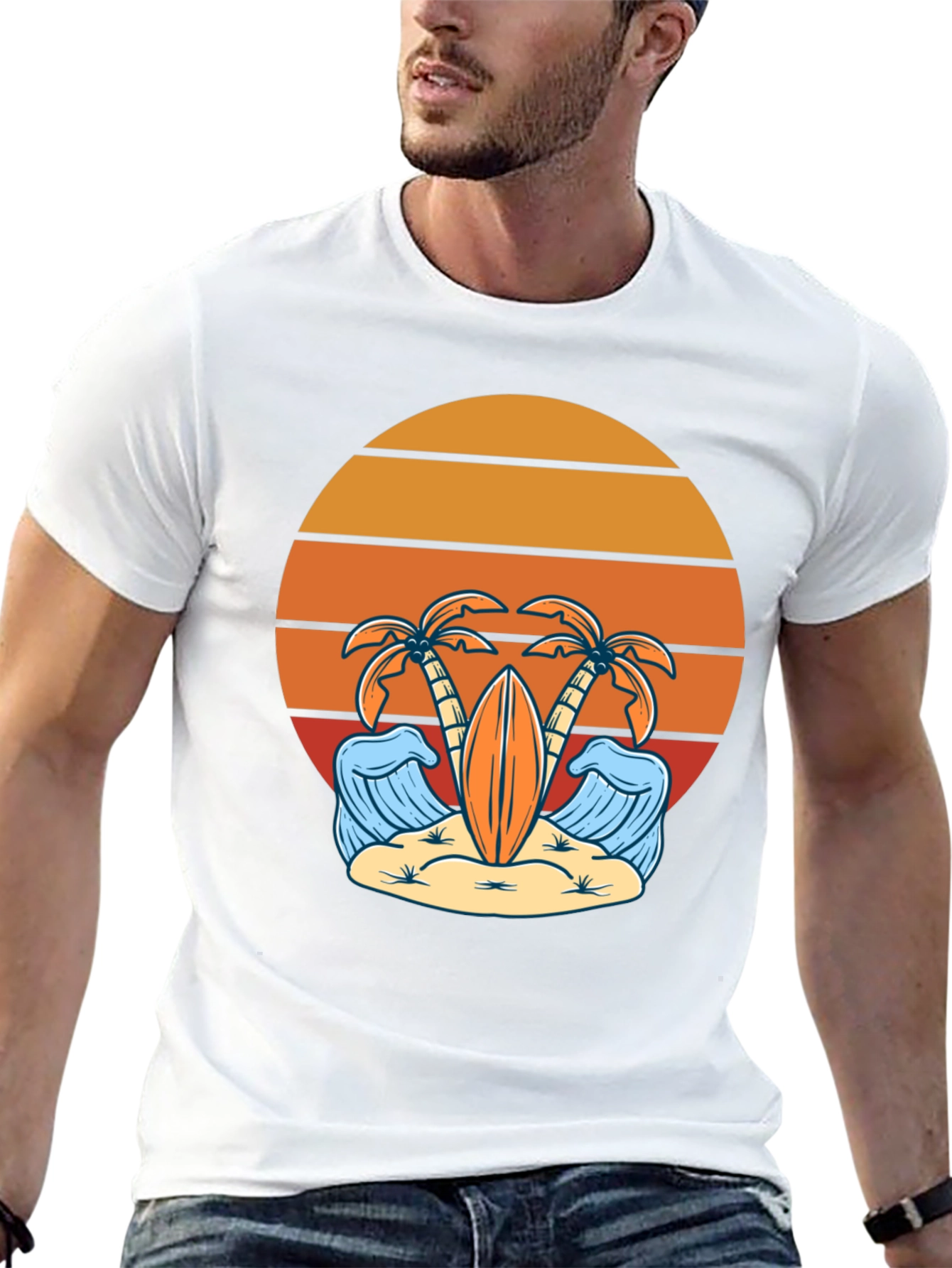 Retro Beach Vibes T-Shirt - Palm Trees & Surfboard