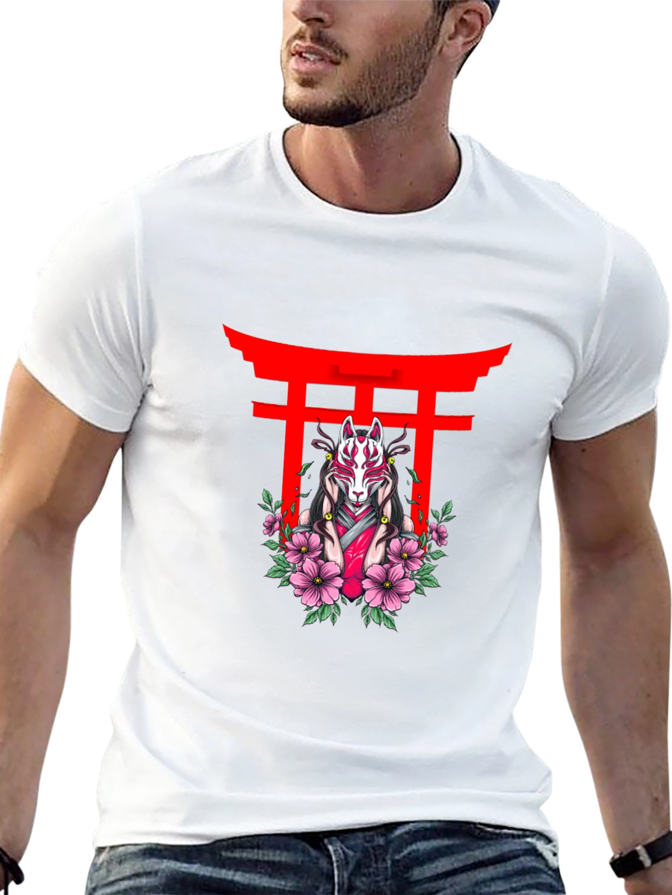 Black T-Shirt with Japanese Fox Mask Design