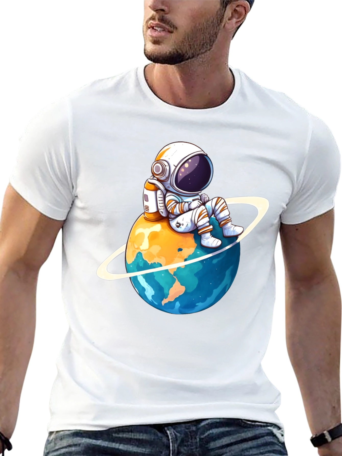 Astronaut on Planet T-Shirt - Black Cotton Graphic Tee