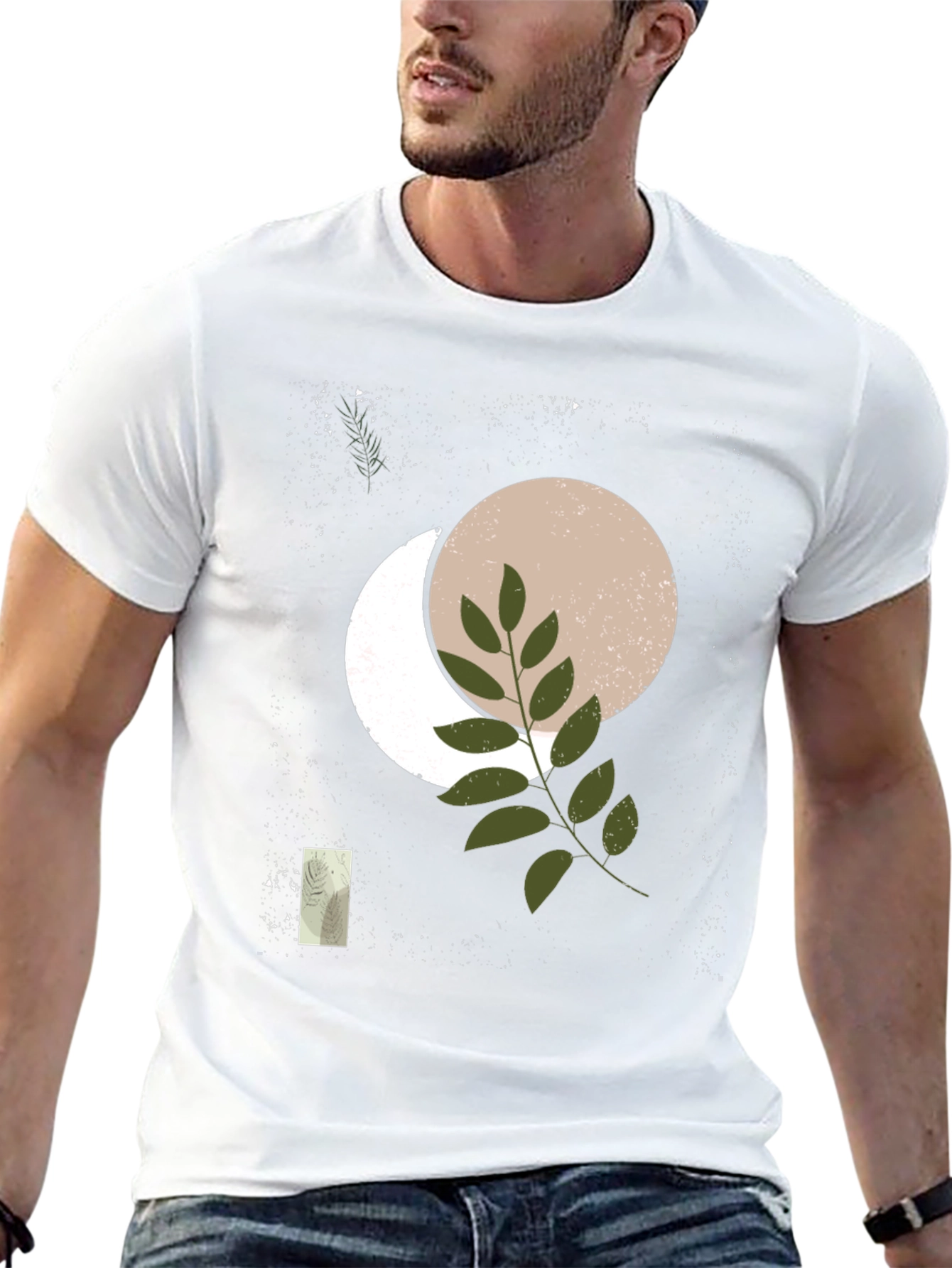 Abstract Moon & Botanical Print Black T-Shirt