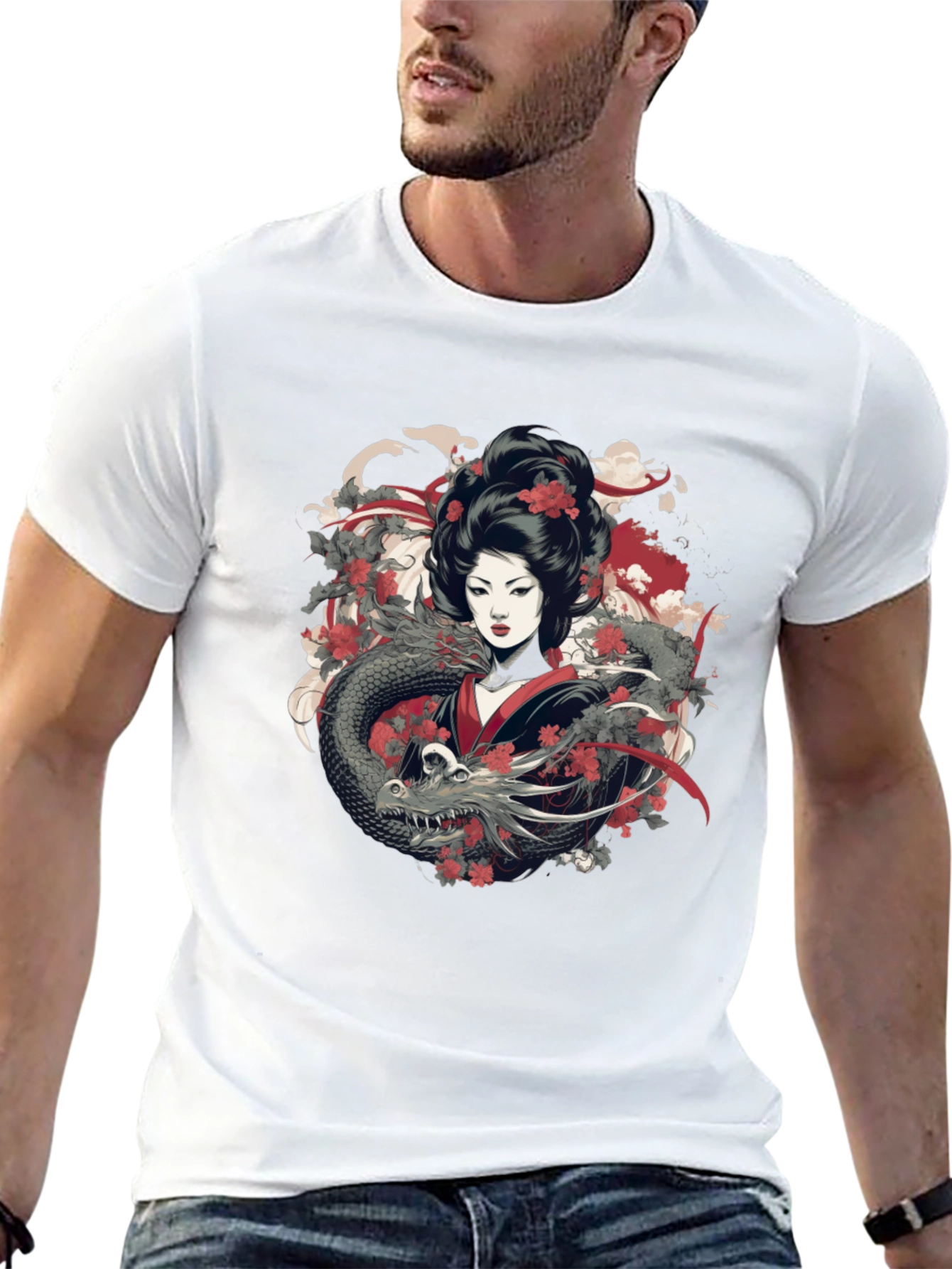 Geisha Dragon Graphic Tee - Mens Black T-Shirt