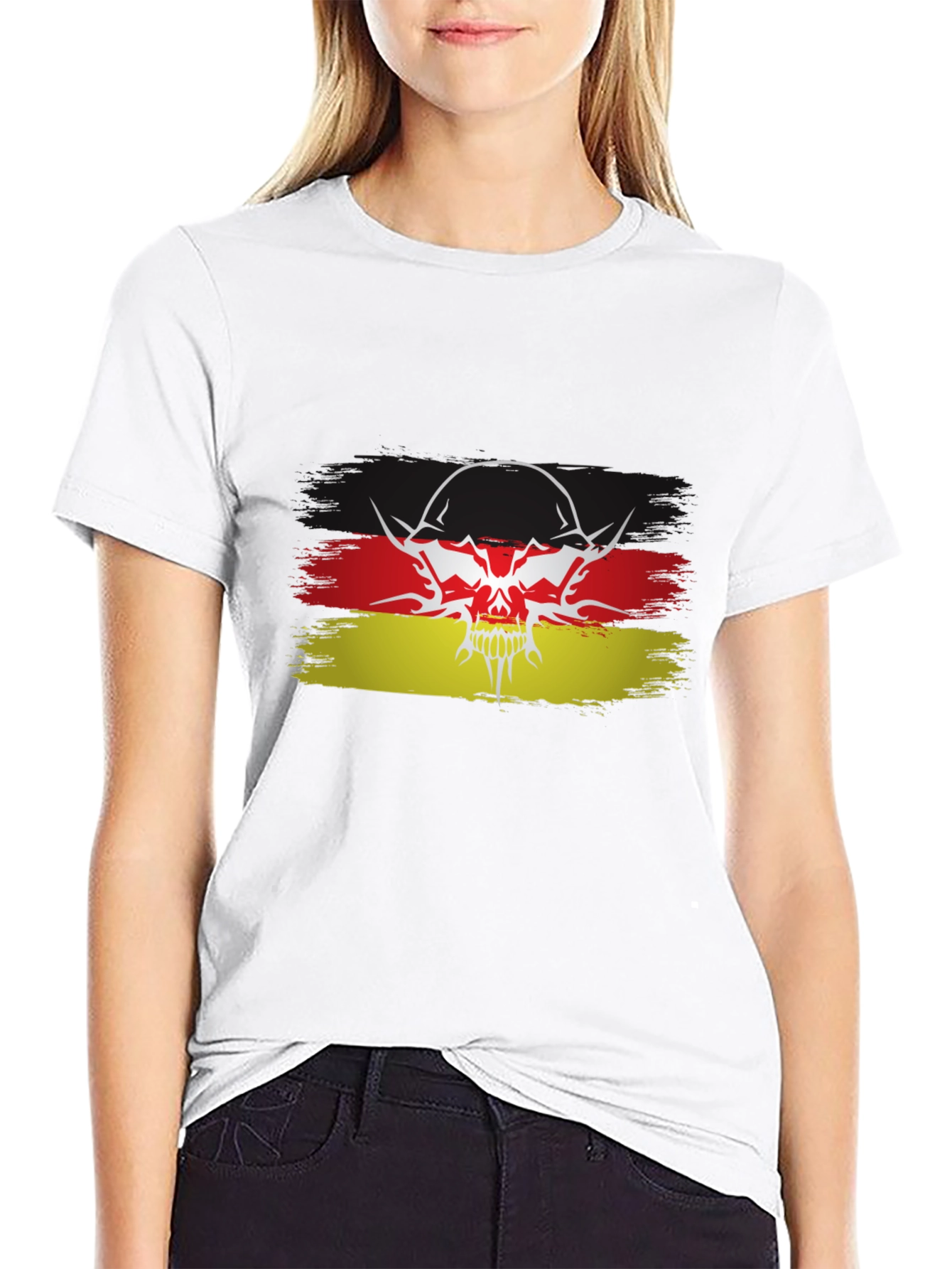 German Flag Skull Graphic Black T-Shirt