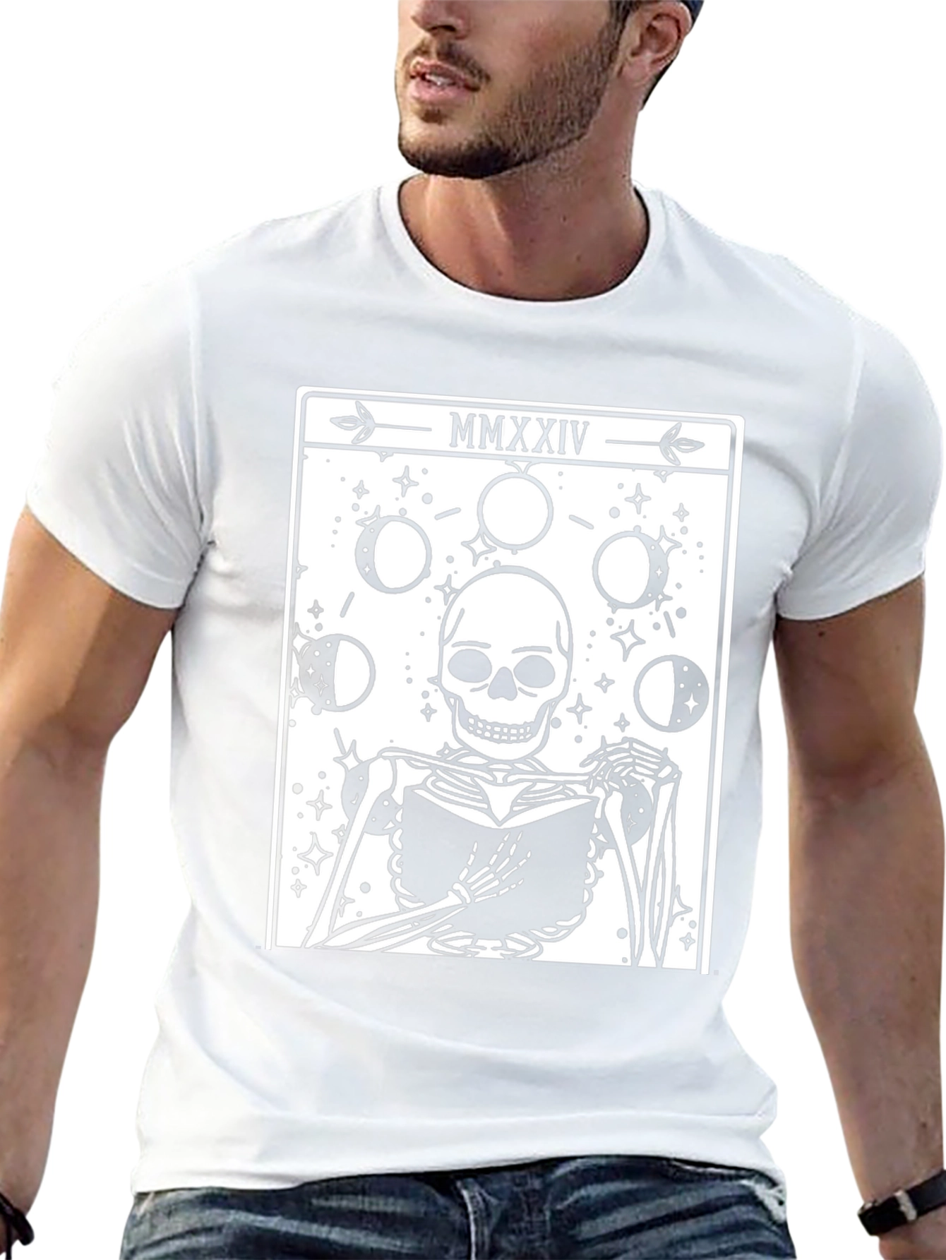 Tarot Skeleton Tee - Moon Phase Book Reader