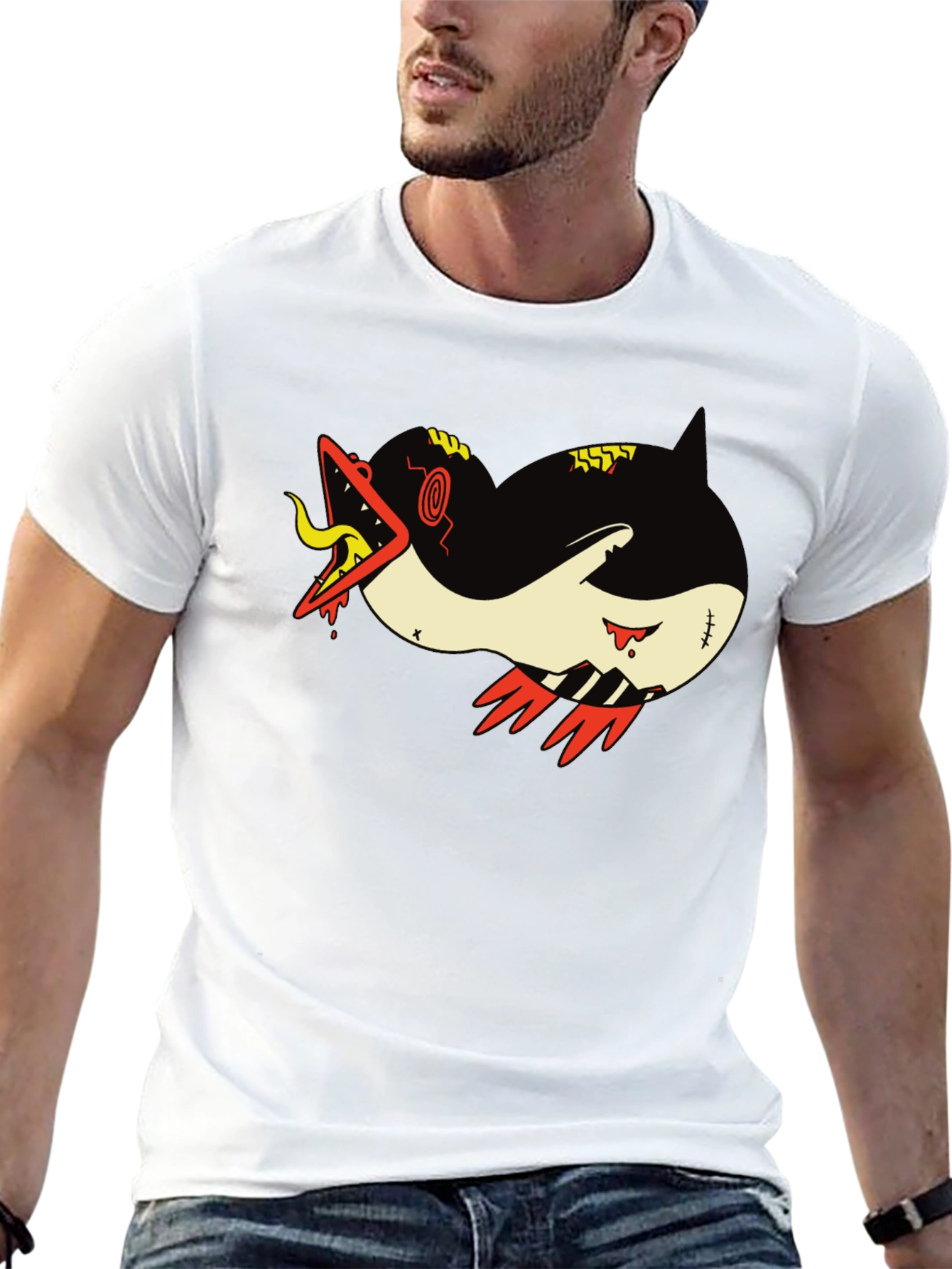 Graphic Print Tee - Cartoon Monster Shark