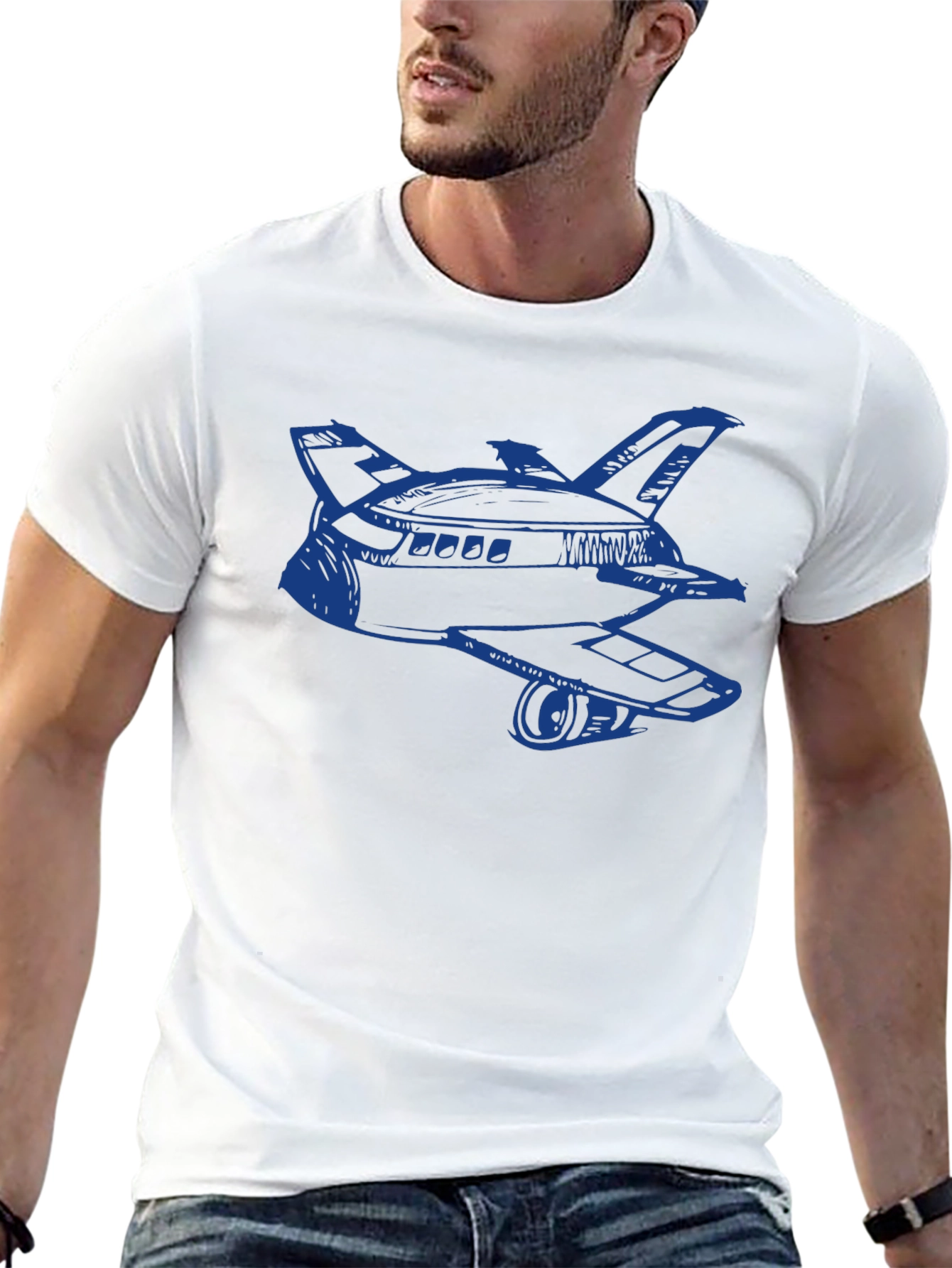 Retro Space Shuttle Graphic Tee - Black Cotton Blend