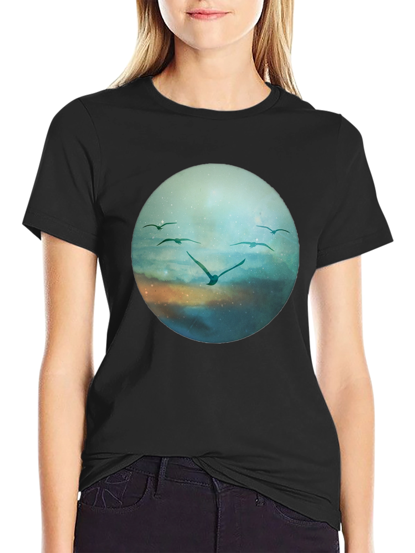 Bird Flight Graphic Tee - Black Cotton T-Shirt