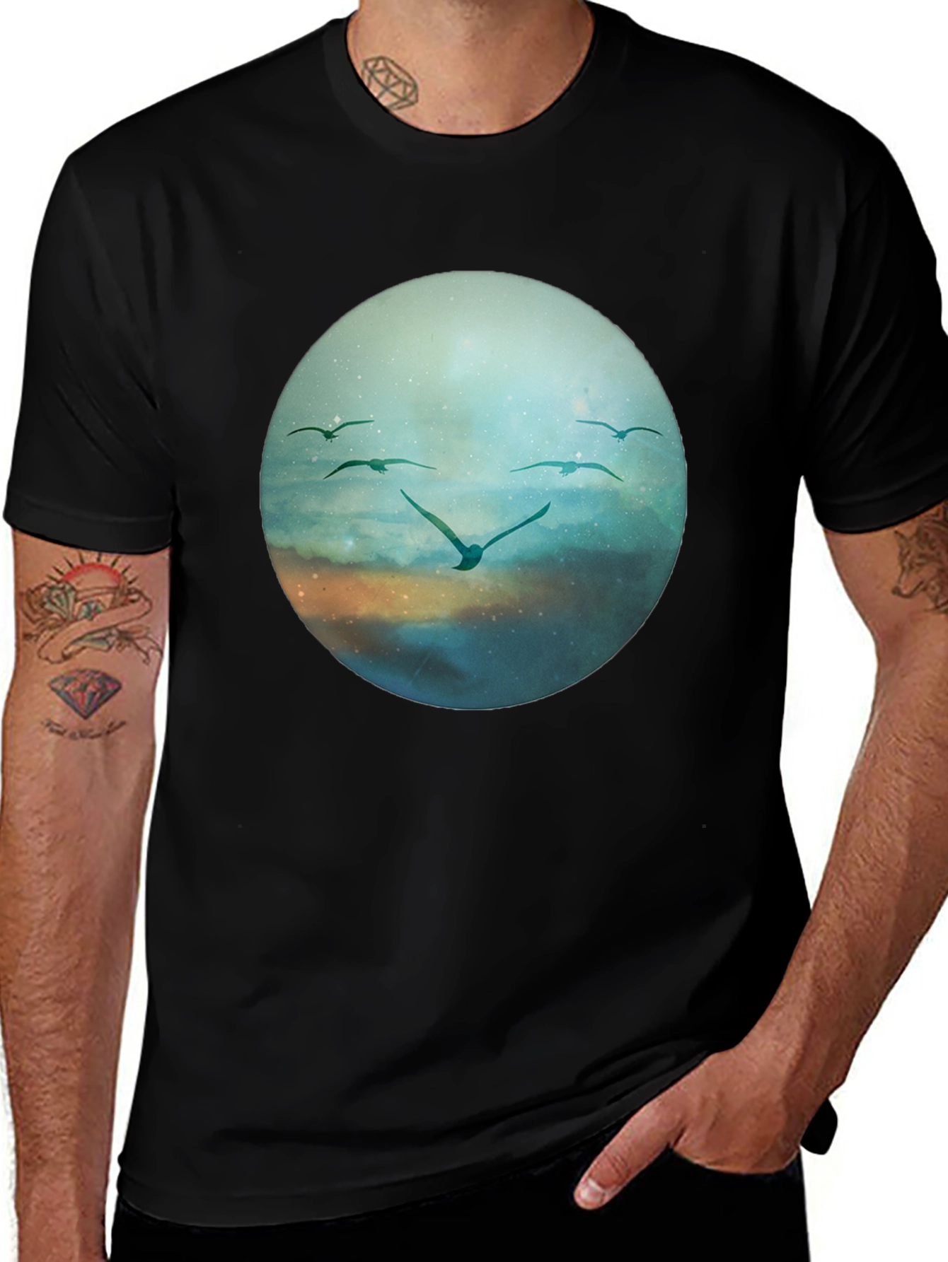 Bird Flight Graphic Tee - Black Cotton T-Shirt