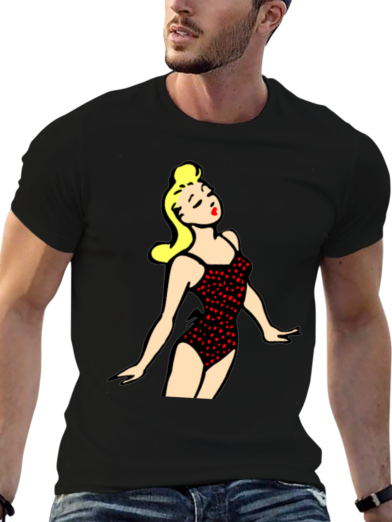 Retro Swimsuit Girl Graphic Tee - Black Cotton T-Shirt