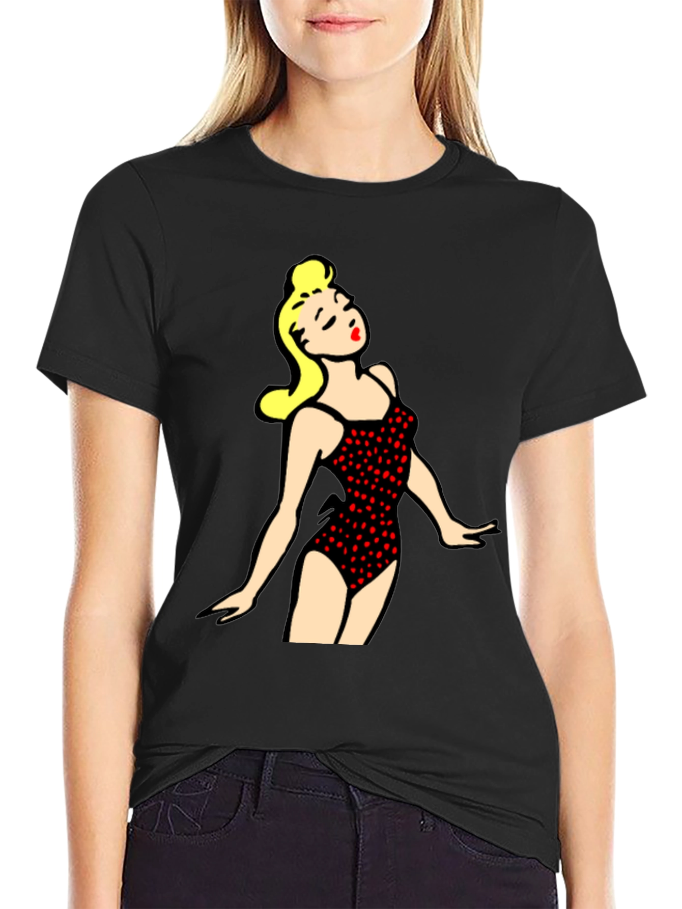 Retro Swimsuit Girl Graphic Tee - Black Cotton T-Shirt