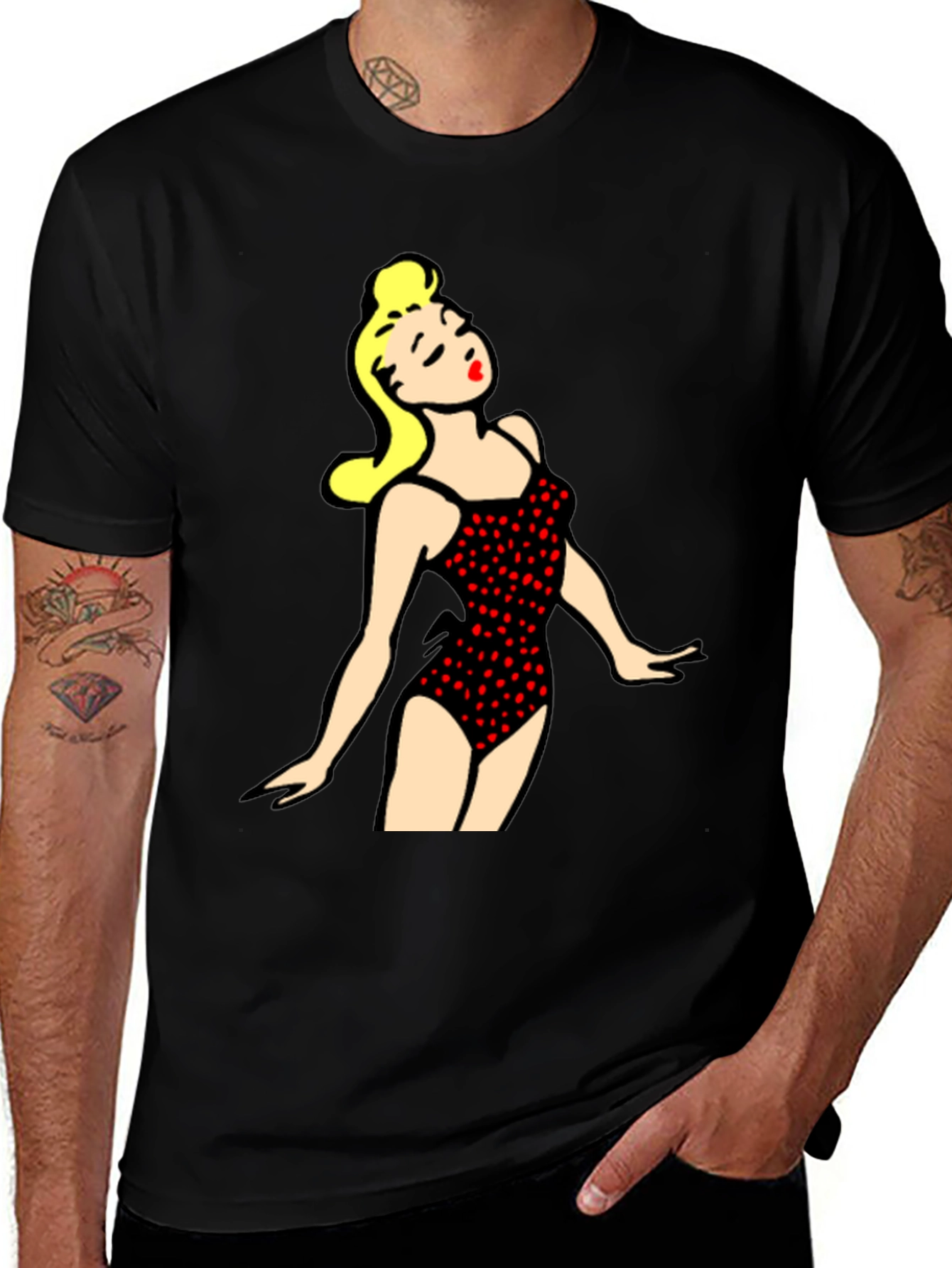 Retro Swimsuit Girl Graphic Tee - Black Cotton T-Shirt