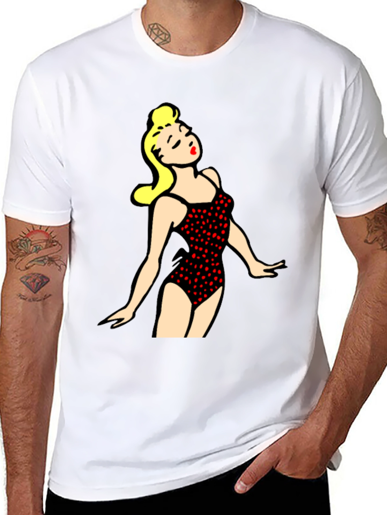 Retro Swimsuit Girl Graphic Tee - Black Cotton T-Shirt