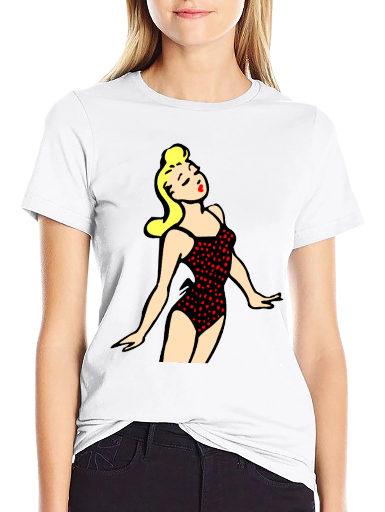 Retro Swimsuit Girl Graphic Tee - Black Cotton T-Shirt